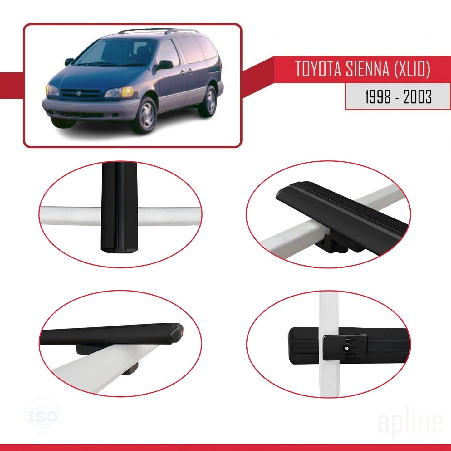 Compatible avec Toyota Sienna (XL10) 1998-2003 BASIC Model Barres de Toit Railing Porte-Bagages de Voiture Noir Aluminium 3 Barres