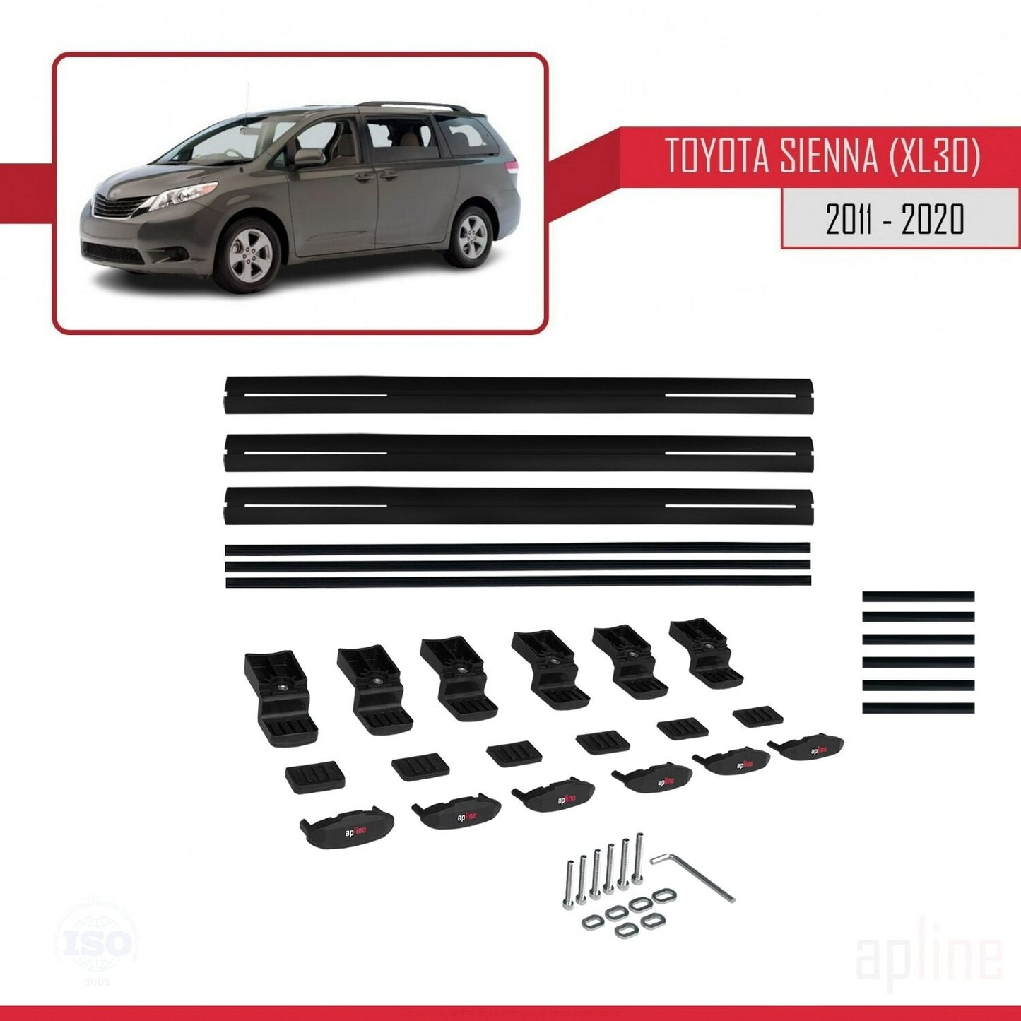 Compatible avec Toyota Sienna 3 (XL30) 2011-2020 BASIC Model Barres de Toit Railing Porte-Bagages de Voiture Noir Aluminium 3 Barres