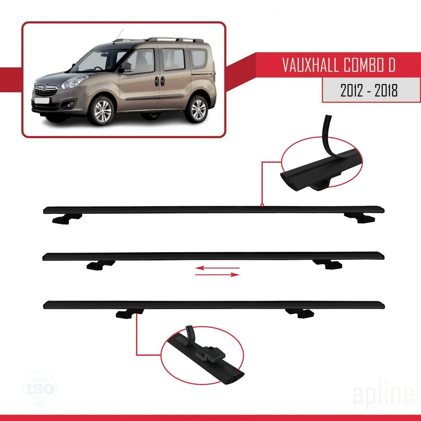 Compatible avec Vauxhall Combo D 2012-2018 BASIC Model Barres de Toit Railing Porte-Bagages de Voiture Noir Aluminium 2 Barres