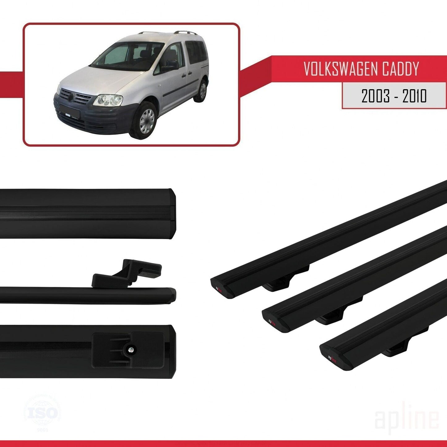 Compatible avec Volkswagen Caddy 3 (2K) 2003-2010 BASIC Model Barres de Toit Railing Porte-Bagages de Voiture Noir Aluminium 3 Barres