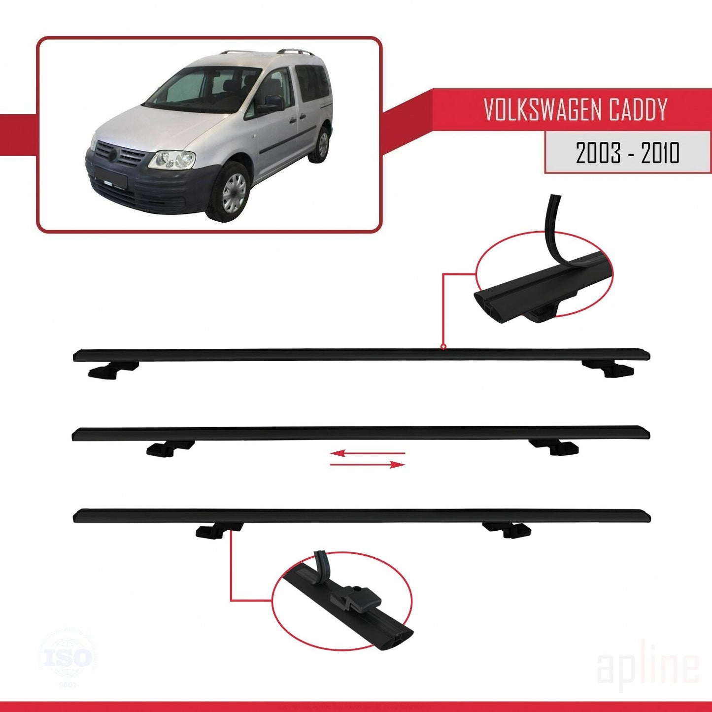 Compatible avec Volkswagen Caddy 3 (2K) 2003-2010 BASIC Model Barres de Toit Railing Porte-Bagages de Voiture Noir Aluminium 3 Barres