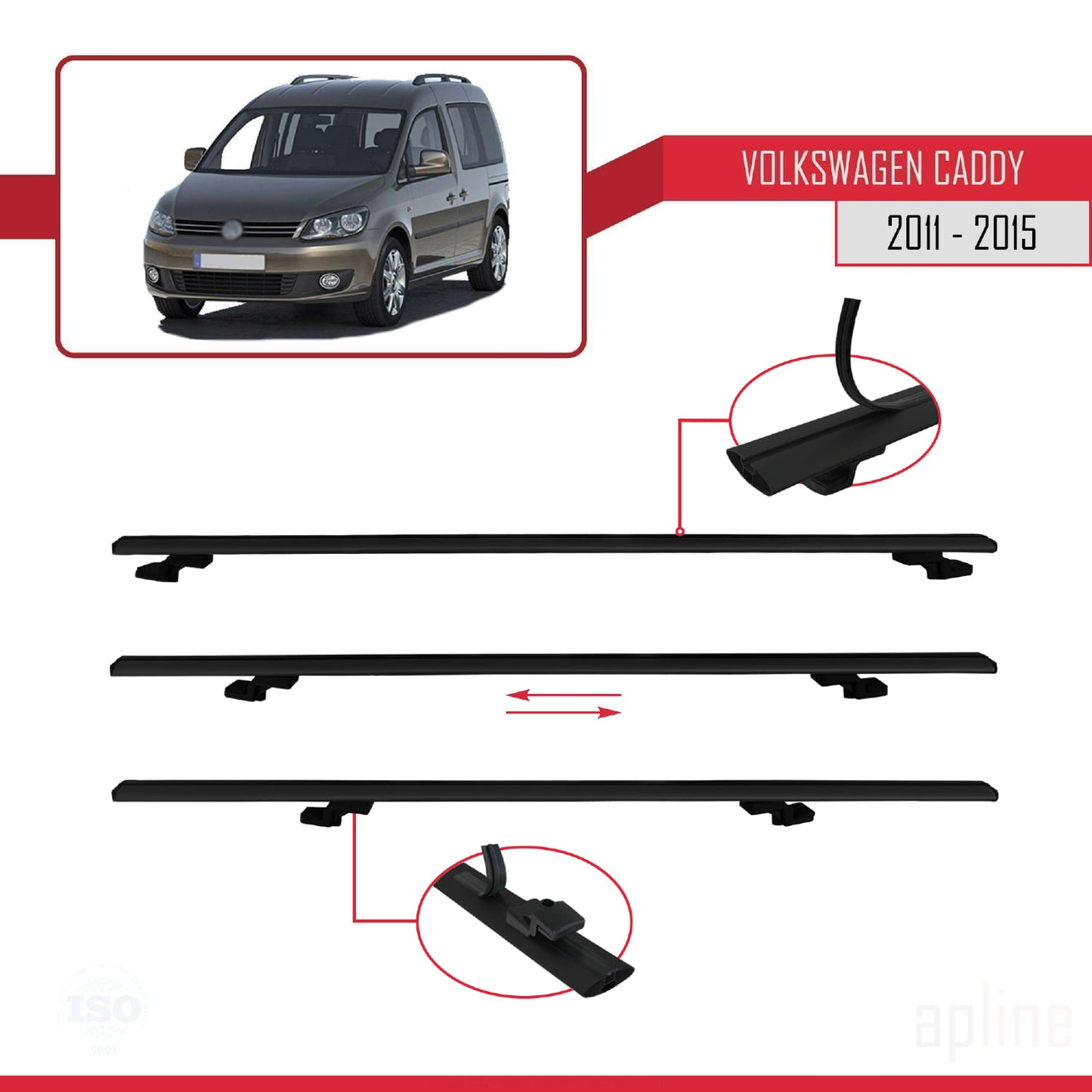 Compatible avec Volkswagen Caddy 3 (2K) 2011-2015 BASIC Model Barres de Toit Railing Porte-Bagages de Voiture Noir Aluminium 2 Barres