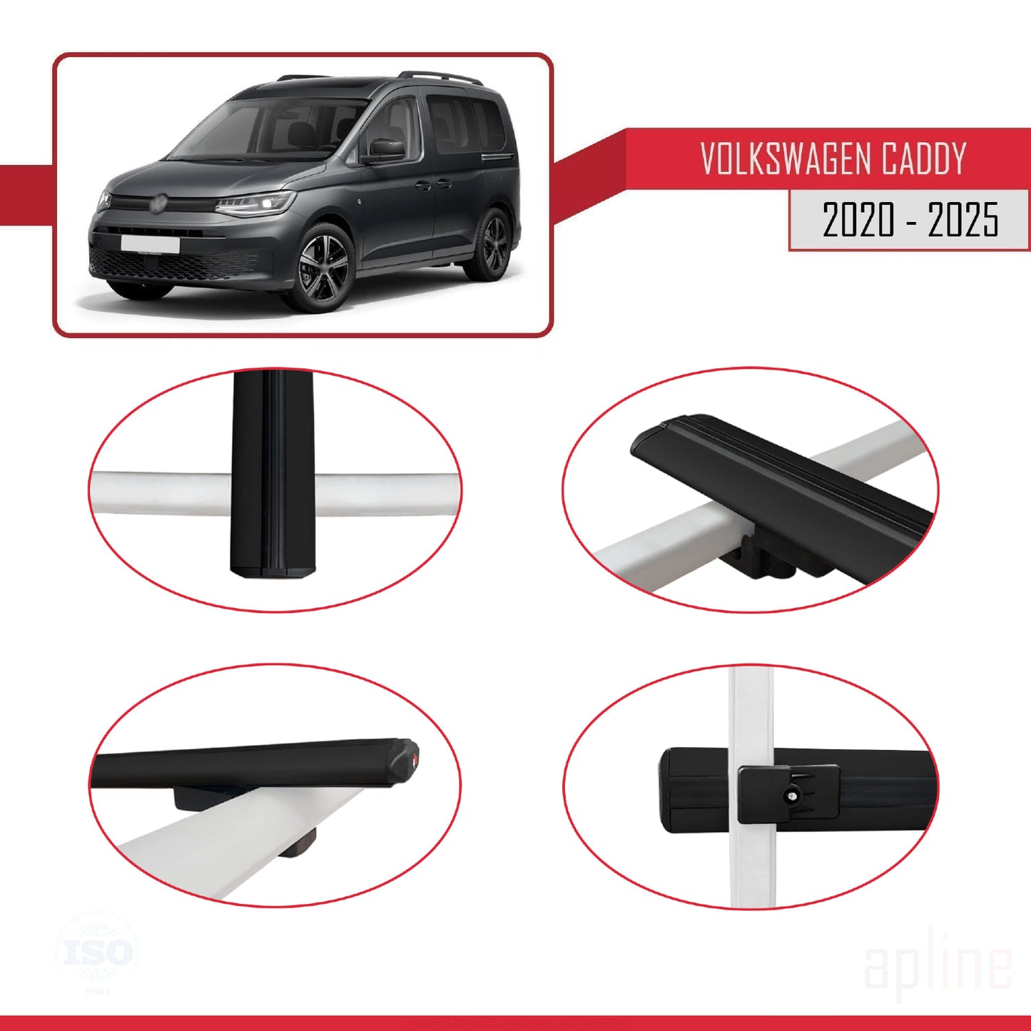 Compatible avec Volkswagen Caddy 4 (SB) 2020-2025 BASIC Model Barres de Toit Railing Porte-Bagages de Voiture Noir Aluminium 3 Barres