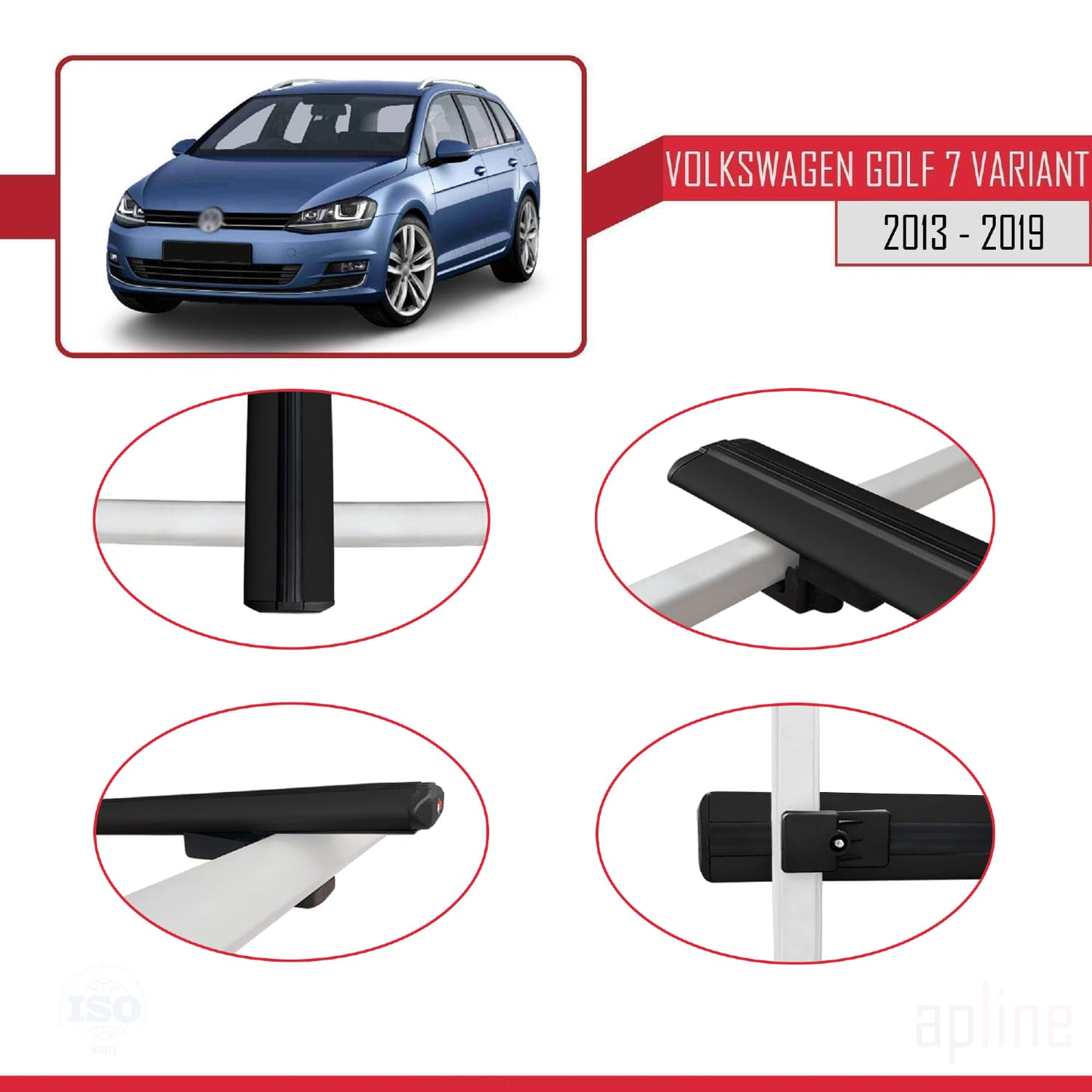 Compatible avec Volkswagen Golf 7 (5G) Variant 2013-2019 BASIC Model Barres de Toit Railing Porte-Bagages de Voiture Noir Aluminium 2 Barres