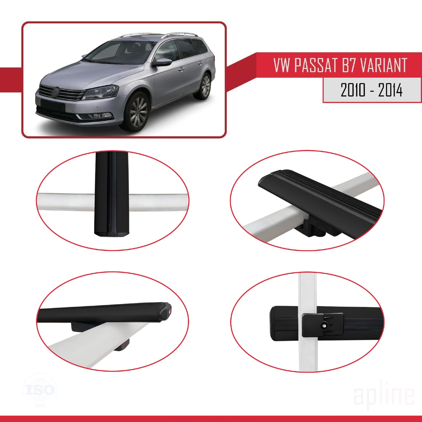 Compatible avec Volkswagen Passat B7 (3C) Variant 2010-2014 BASIC Model Barres de Toit Railing Porte-Bagages de Voiture Noir Aluminium 3 Barres