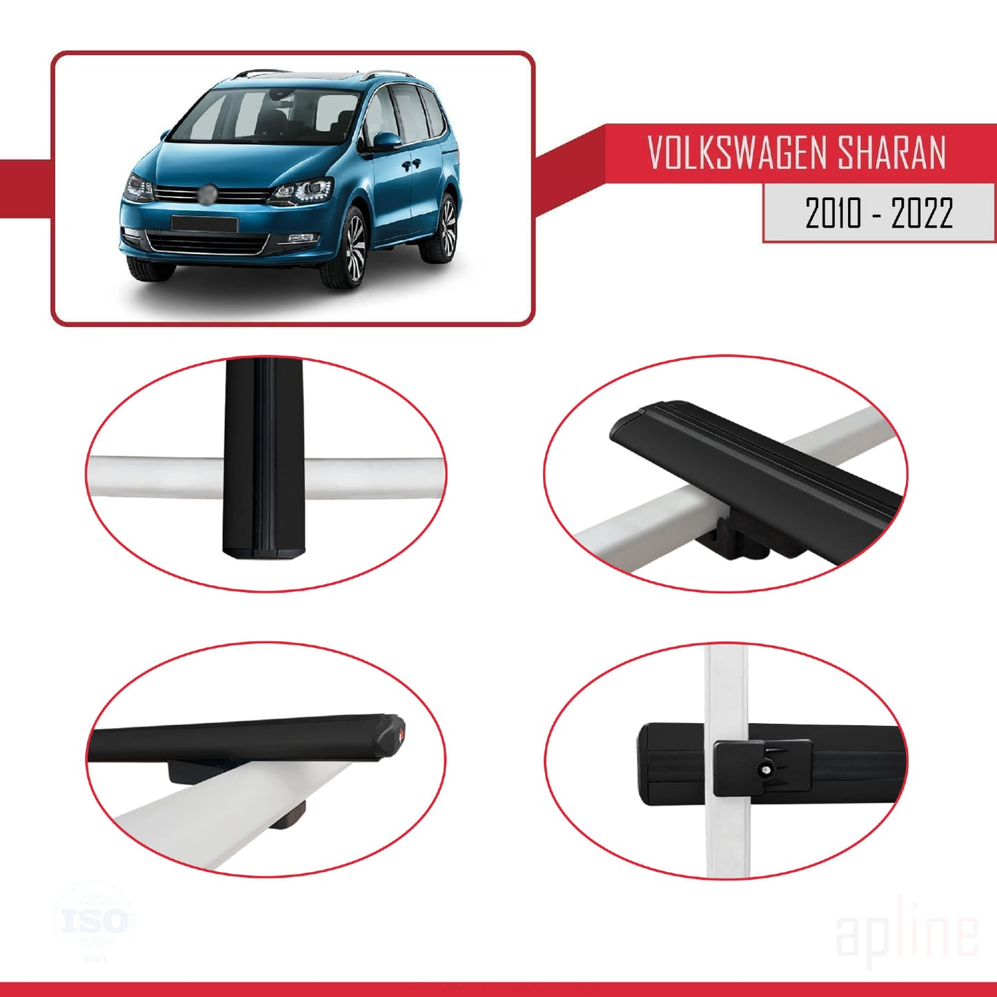 Compatible avec Volkswagen Sharan 2 (7N) 2010-2022 BASIC Model Barres de Toit Railing Porte-Bagages de Voiture Noir Aluminium 3 Barres