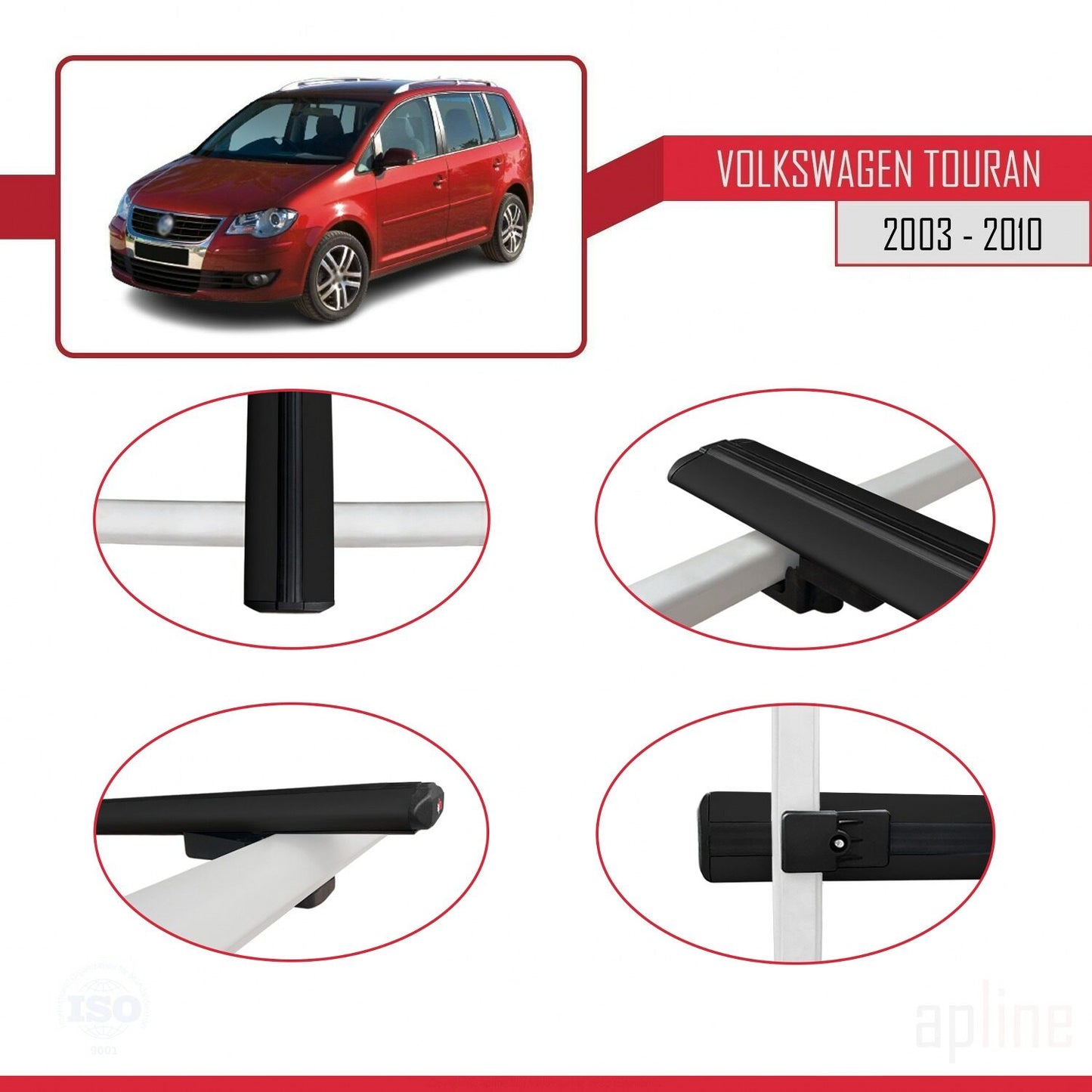 Compatible avec Volkswagen Touran (1T) Pre-Facelift 2003-2010 BASIC Model Barres de Toit Railing Porte-Bagages de Voiture Noir Aluminium 3 Barres