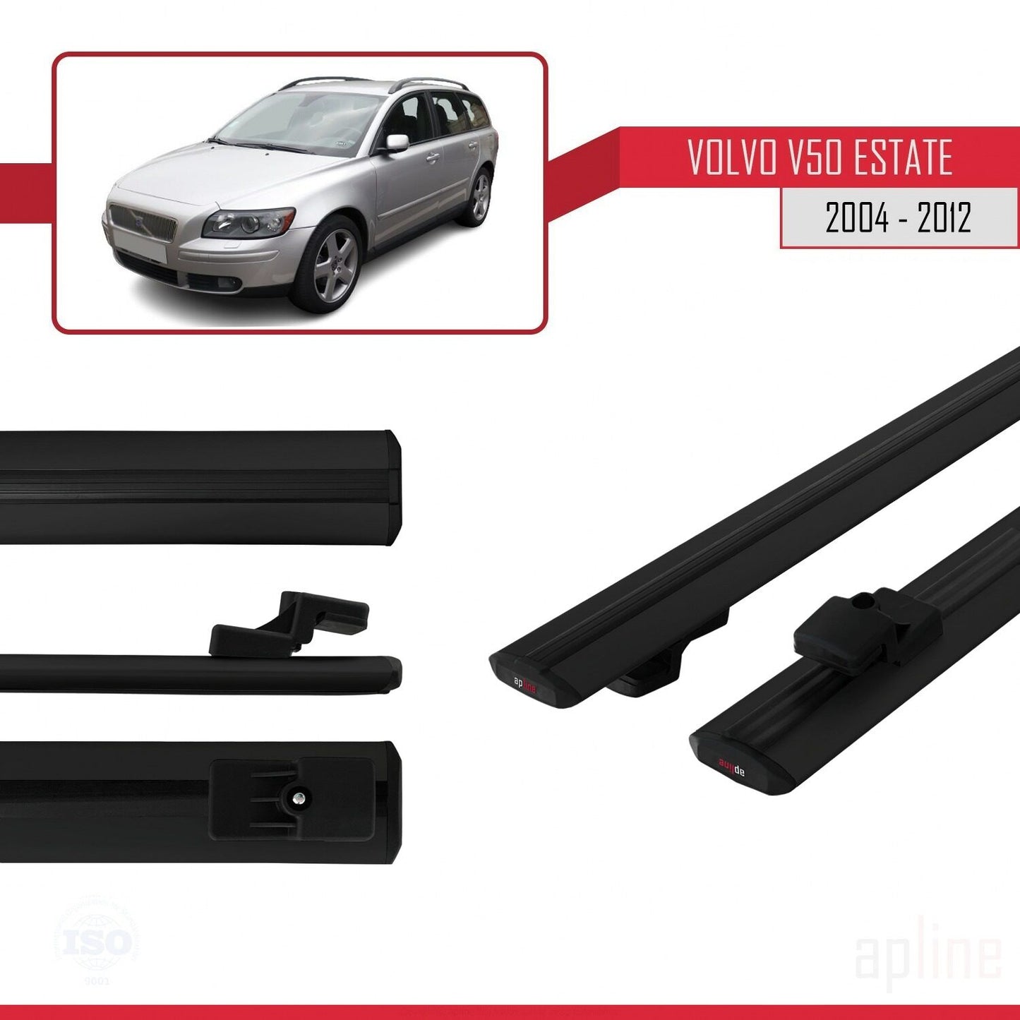 Compatible with Volvo V50 2004-2012 BASIC Model Car Roof Rack Cross Bar Black Aluminium 3 Bars