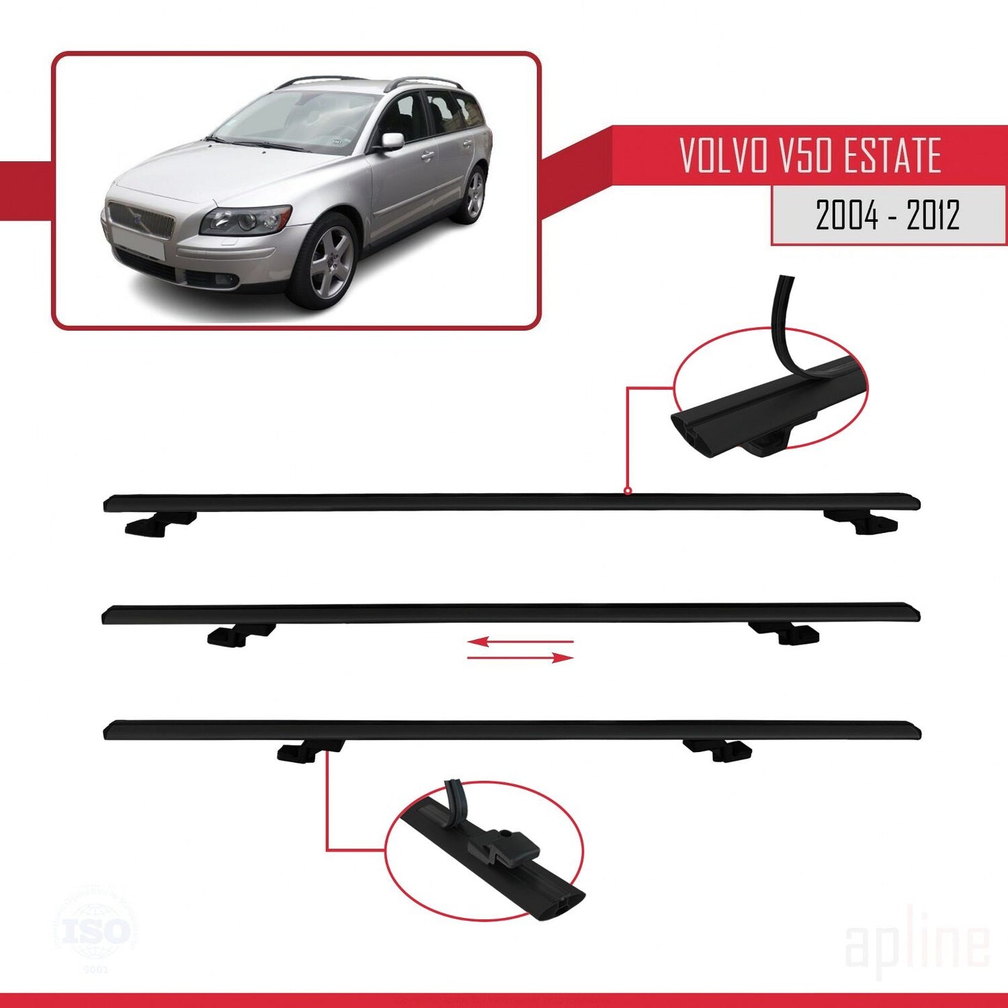 Compatible with Volvo V50 2004-2012 BASIC Model Car Roof Rack Cross Bar Black Aluminium 3 Bars
