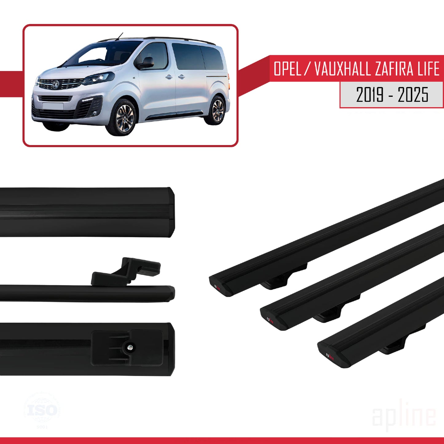 Compatible avec Opel Zafira Life 2019-2025 BASIC Model Barres de Toit Railing Porte-Bagages de Voiture Noir Aluminium 3 Barres