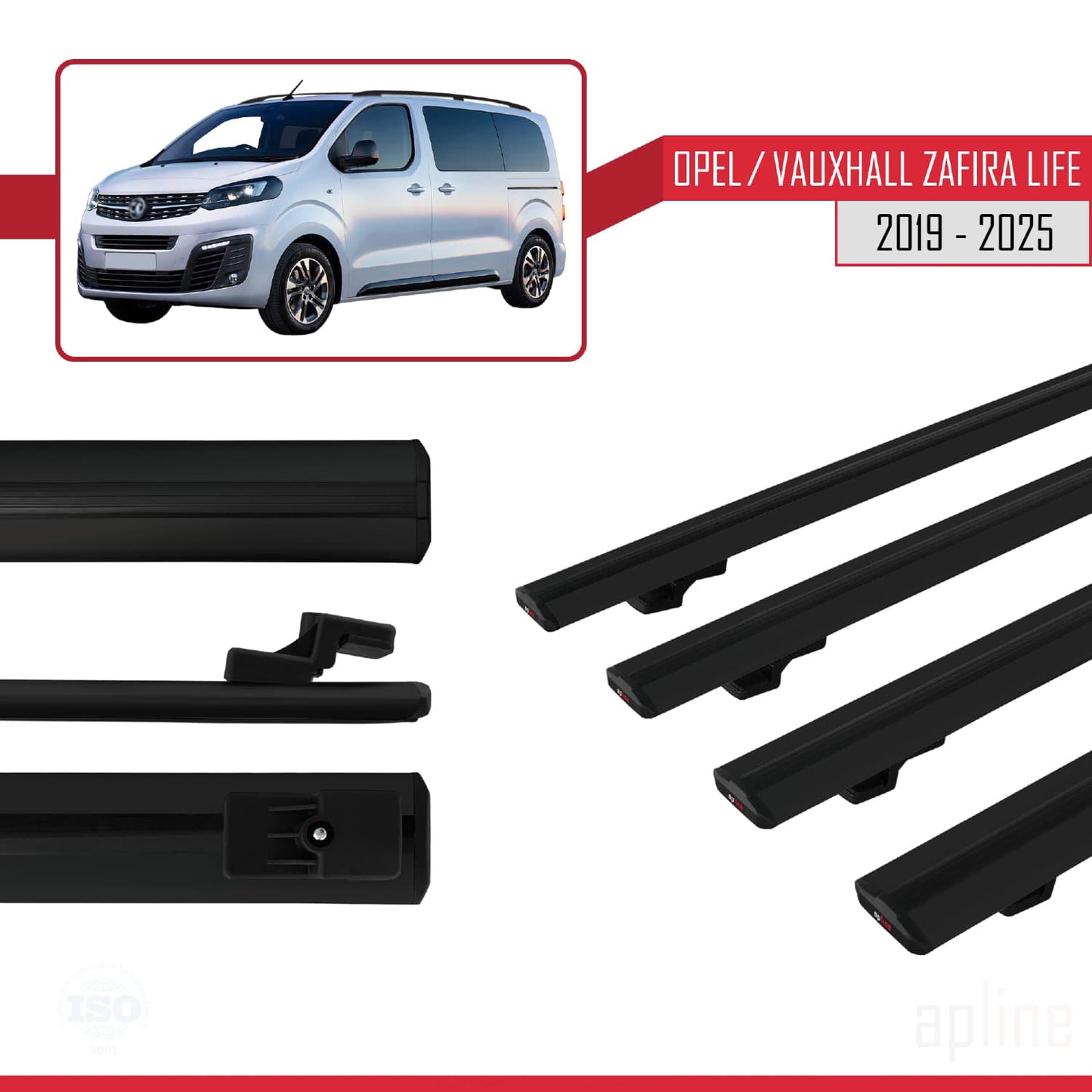 Compatible avec Opel Zafira Life 2019-2025 BASIC Model Barres de Toit Railing Porte-Bagages de Voiture Noir Aluminium 4 Barres