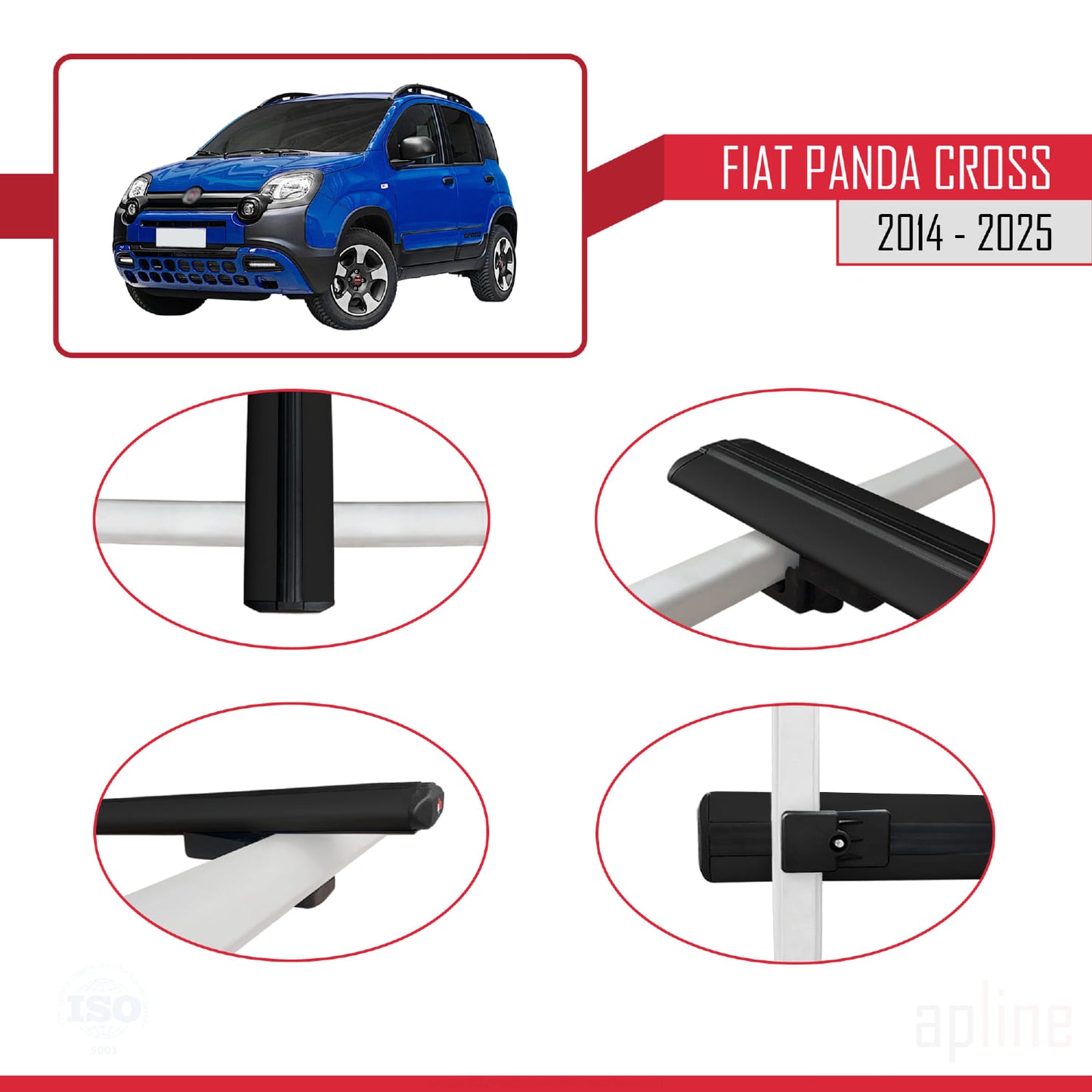 Compatible avec Fiat Panda Cross 2014-2025 BASIC Model Barres de Toit Railing Porte-Bagages de Voiture Noir Aluminium 3 Barres