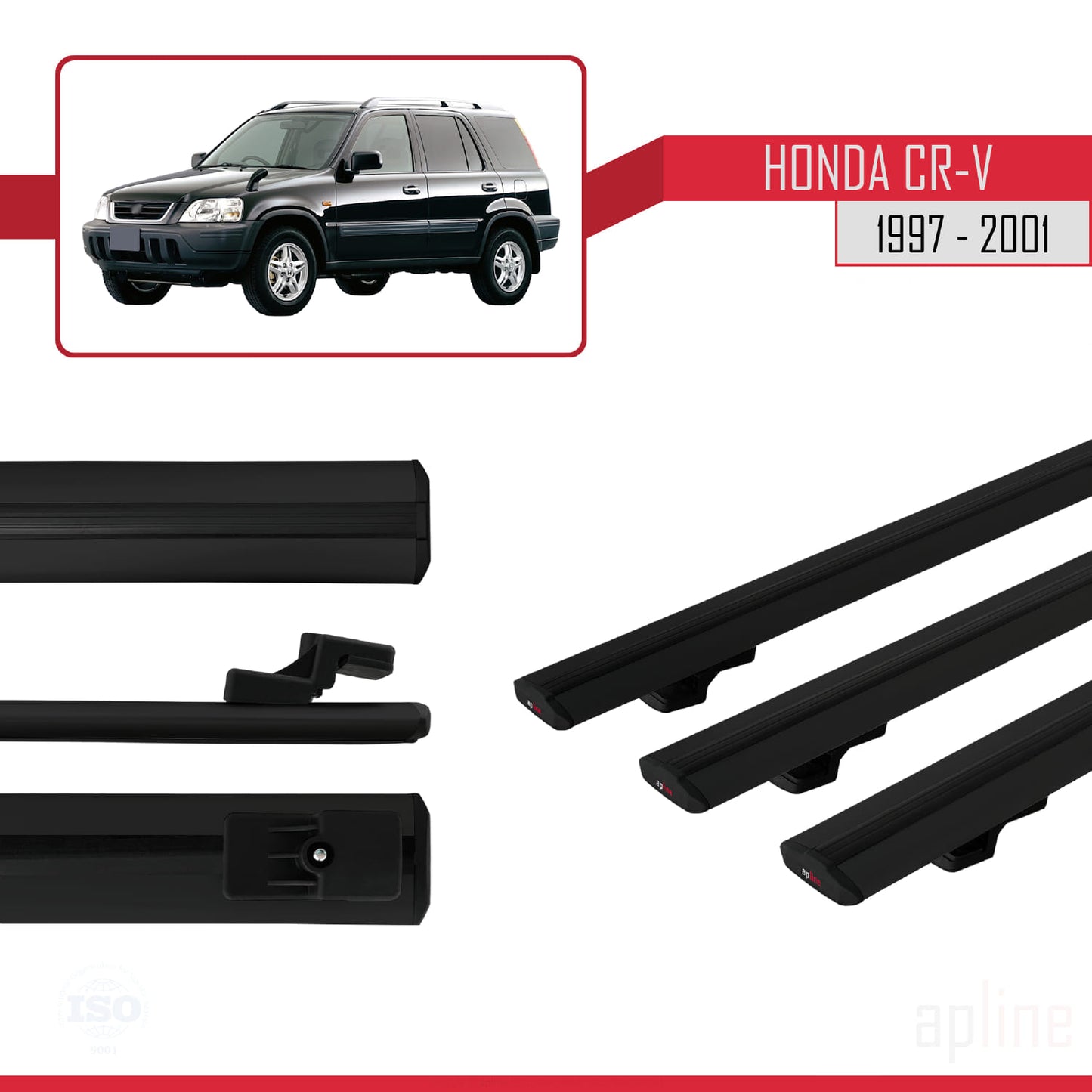 Compatible avec Honda CR-V 1997-2001 BASIC Model Barres de Toit Railing Porte-Bagages de Voiture Noir Aluminium 3 Barres