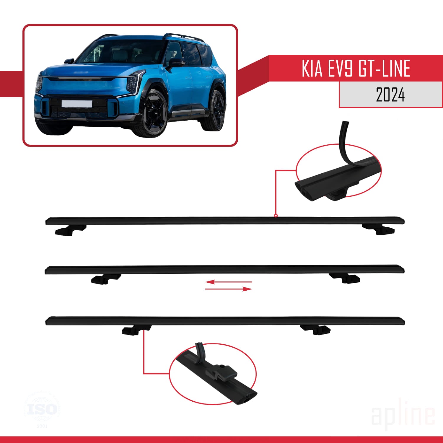 Compatible avec KIA EV9 GT-LINE 2024-2025 BASIC Model Barres de Toit Railing Porte-Bagages de Voiture Noir Aluminium 3 Barres