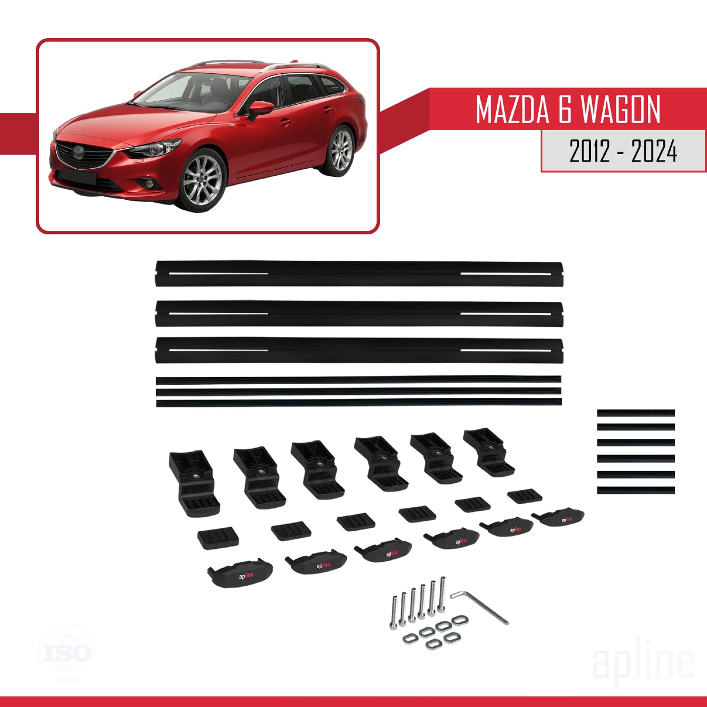 Compatible avec Mazda 6 Wagon 2012-2024 BASIC Model Barres de Toit Railing Porte-Bagages de Voiture Noir Aluminium 3 Barres