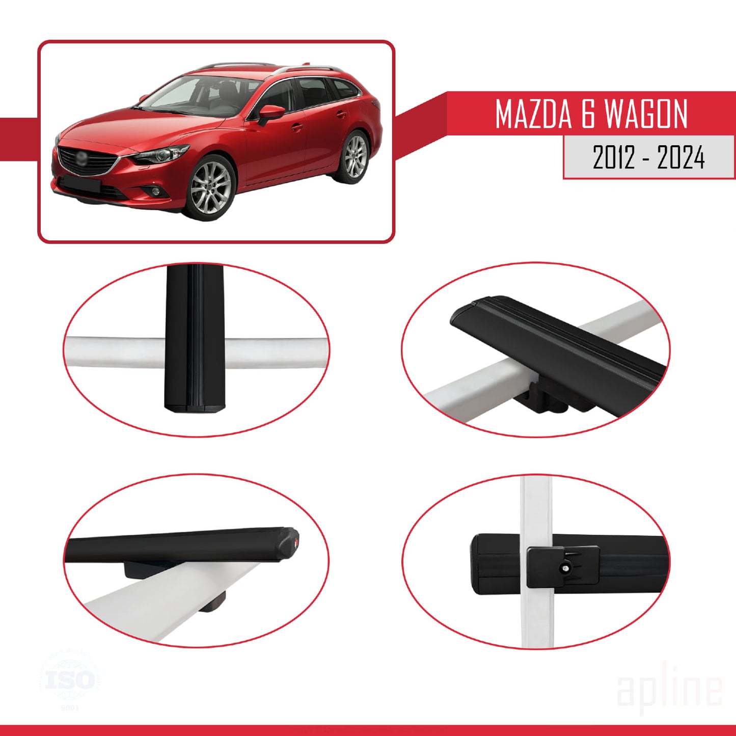 Compatible avec Mazda 6 Wagon 2012-2024 BASIC Model Barres de Toit Railing Porte-Bagages de Voiture Noir Aluminium 3 Barres