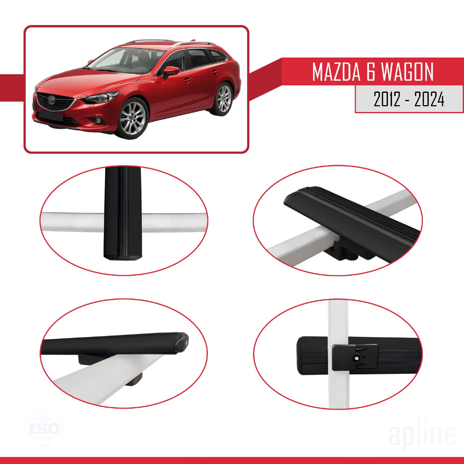 Compatible avec Mazda 6 Wagon 2012-2024 BASIC Model Barres de Toit Railing Porte-Bagages de Voiture Noir Aluminium 2 Barres