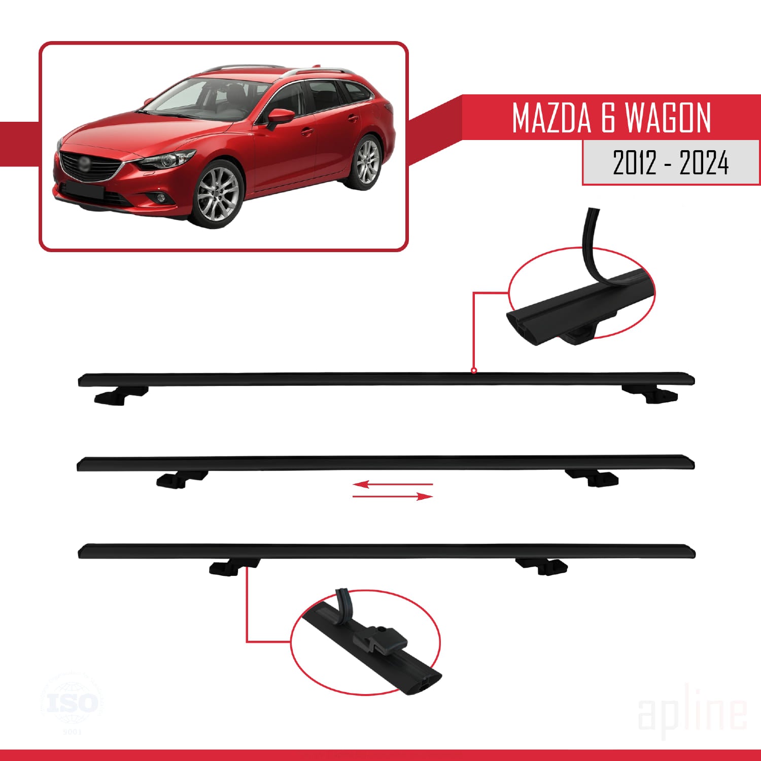 Compatible avec Mazda 6 Wagon 2012-2024 BASIC Model Barres de Toit Railing Porte-Bagages de Voiture Noir Aluminium 2 Barres