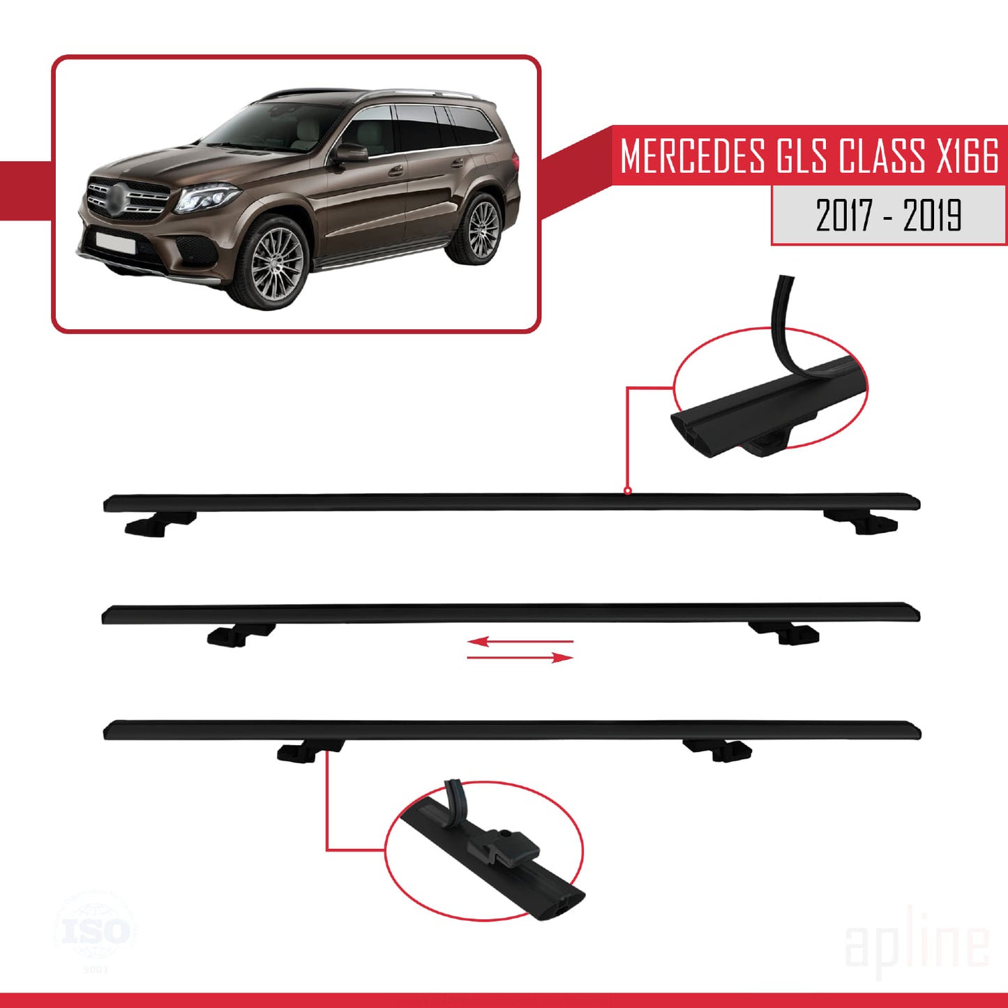 Compatible avec Mercedes GLS Class X166 2017-2019 BASIC Model Barres de Toit Railing Porte-Bagages de Voiture Noir Aluminium 2 Barres