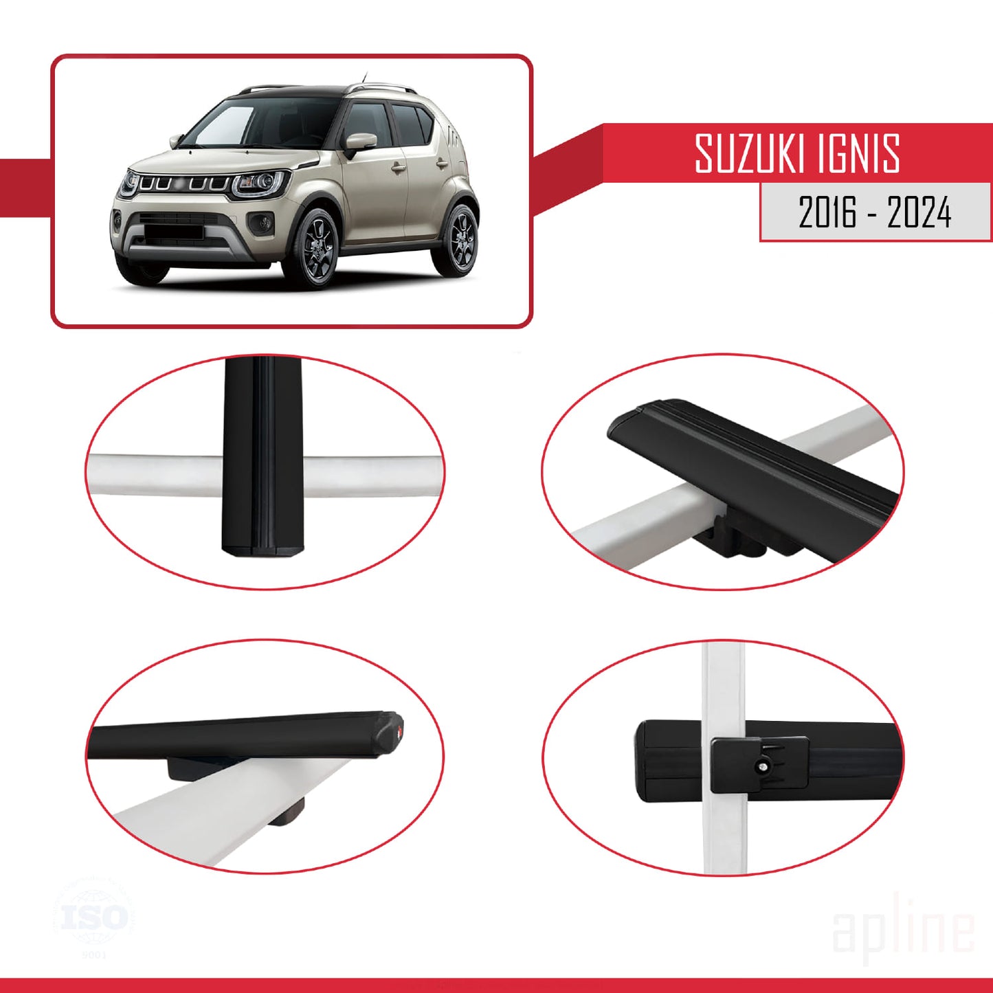Compatible avec Suzuki Ignis 2016-2024 BASIC Model Barres de Toit Railing Porte-Bagages de Voiture Noir Aluminium 3 Barres
