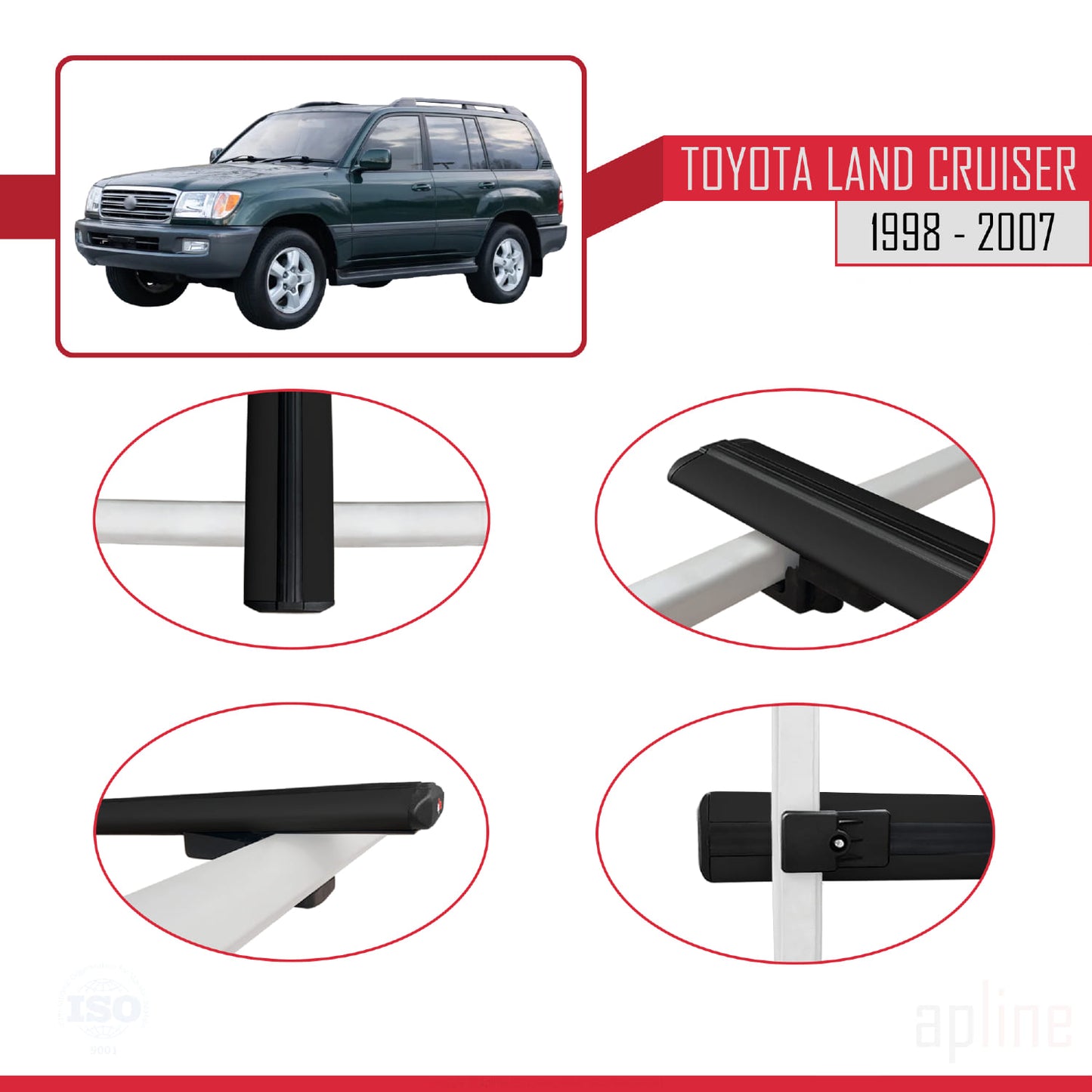 Compatible avec Toyota Land Cruiser 1998-2007 BASIC Model Barres de Toit Railing Porte-Bagages de Voiture Noir Aluminium 3 Barres
