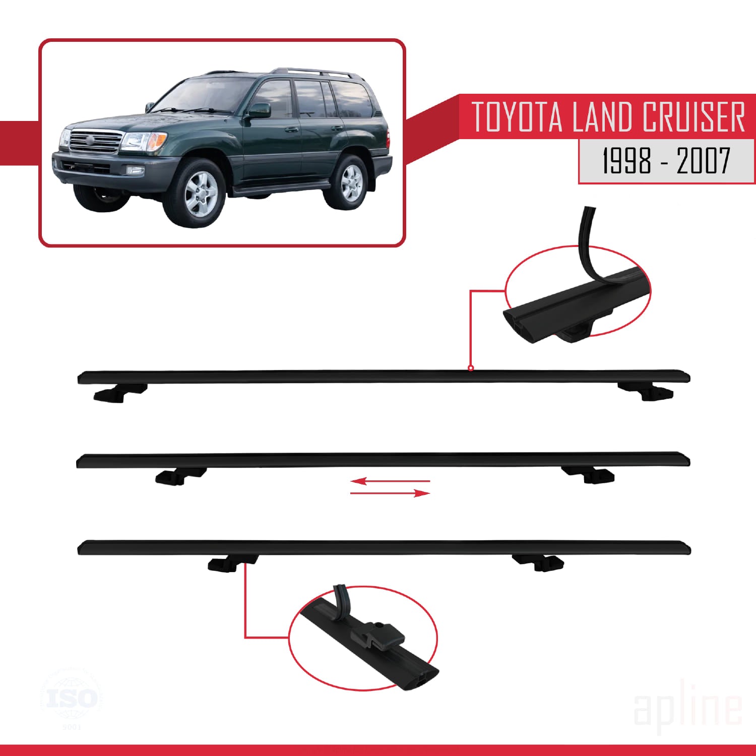 Compatible avec Toyota Land Cruiser 1998-2007 BASIC Model Barres de Toit Railing Porte-Bagages de Voiture Noir Aluminium 2 Barres