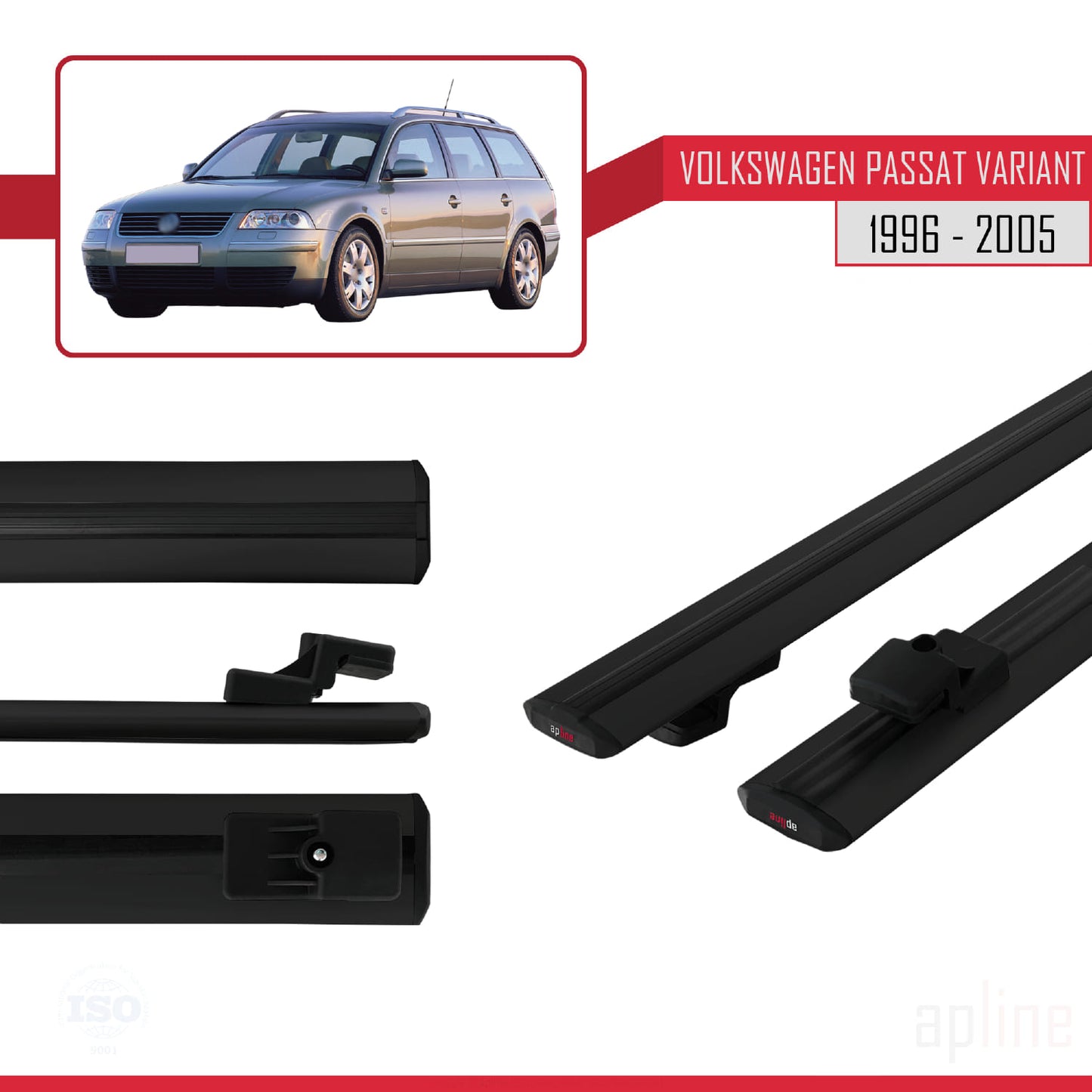 Compatible avec VW Passat B5 Variant 1996-2005 BASIC Model Barres de Toit Railing Porte-Bagages de Voiture Noir Aluminium 2 Barres