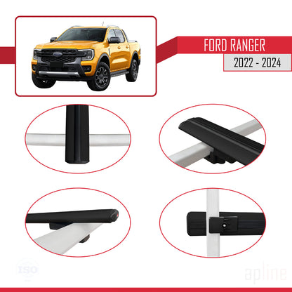 Compatible avec Ford Ranger (P703) 2022-2024 BASIC Model Barres de Toit Railing Porte-Bagages de Voiture Noir Aluminium 2 Barres