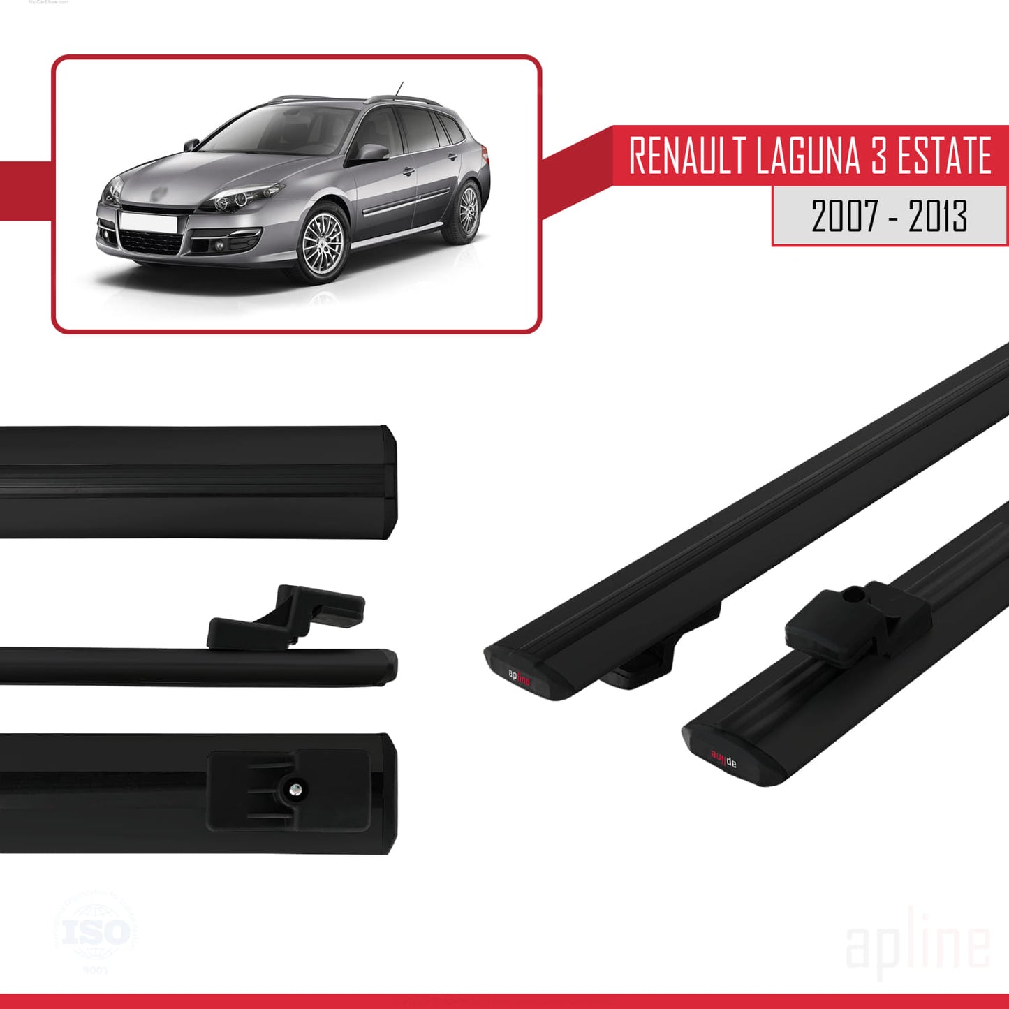 Compatible avec Renault Laguna 3 Estate 2007-2013 BASIC Model Barres de Toit Railing Porte-Bagages de Voiture Noir Aluminium 2 Barres