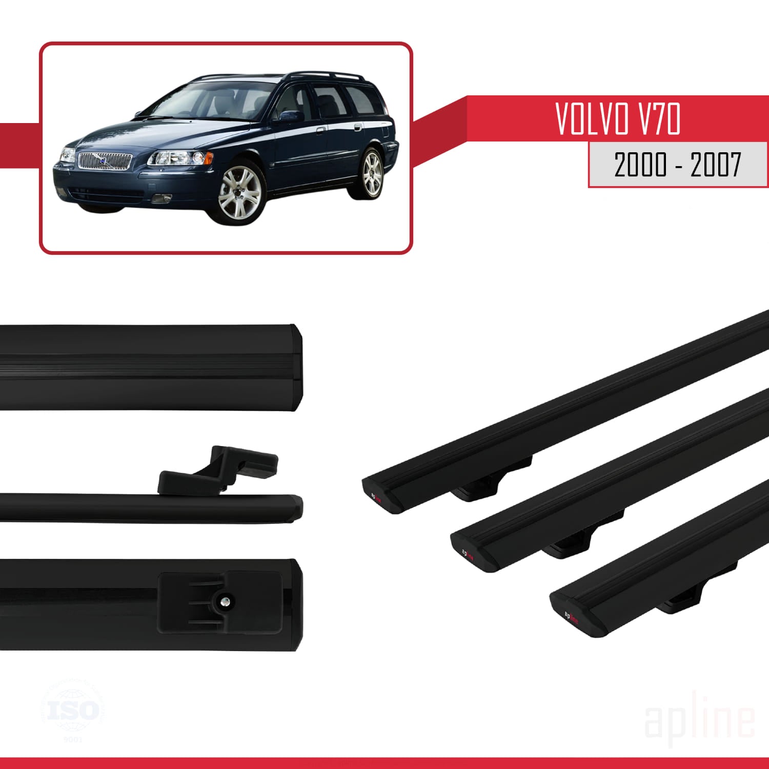 Compatible avec Volvo V70 2000-2007 BASIC Model Barres de Toit Railing Porte-Bagages de Voiture Noir Aluminium 3 Barres