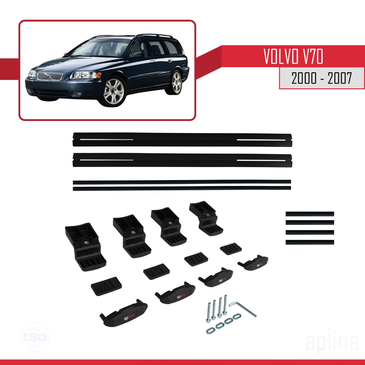Compatible avec Volvo V70 2000-2007 BASIC Model Barres de Toit Railing Porte-Bagages de Voiture Noir Aluminium 2 Barres