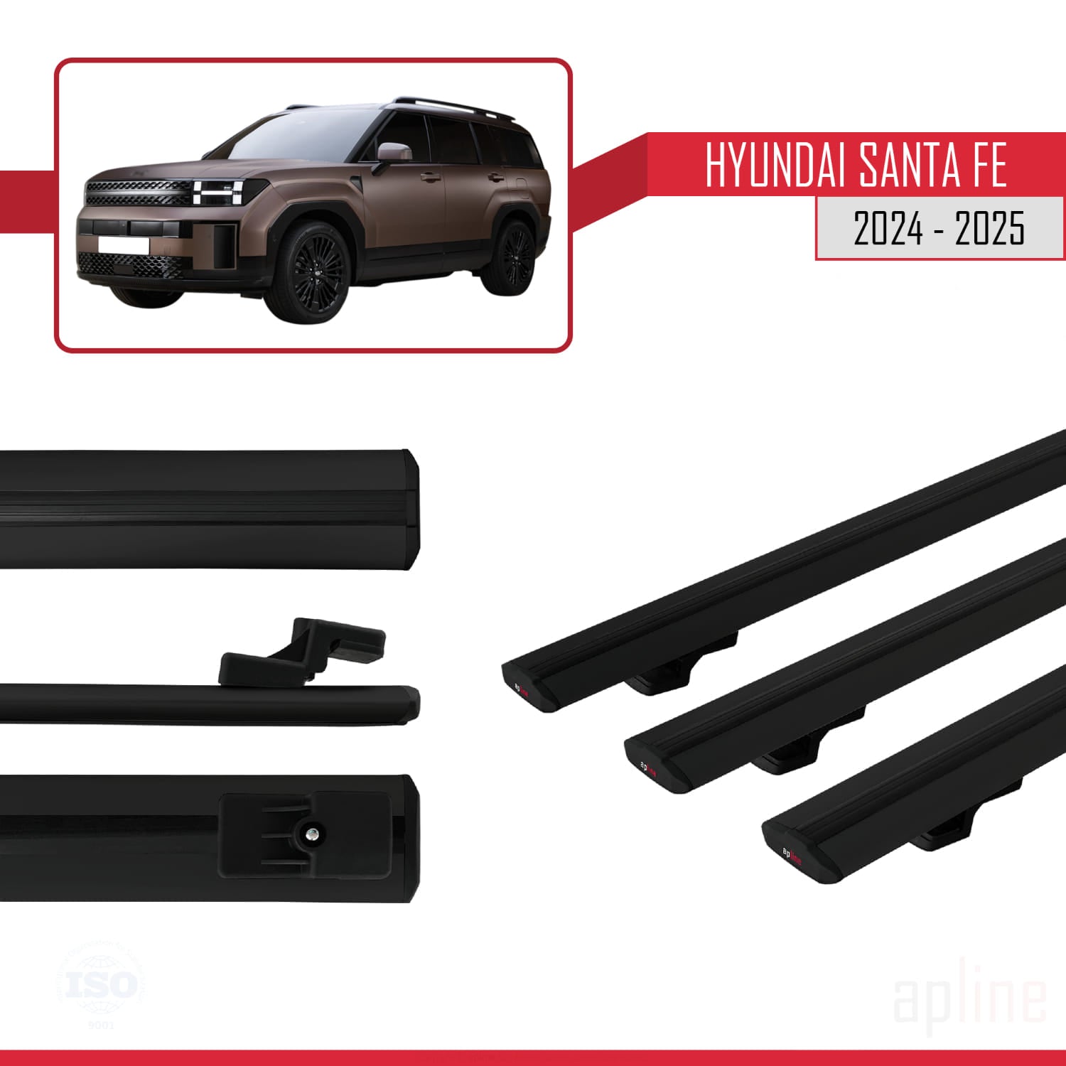 Compatible avec Hyundai Santa Fe 2024-2025 BASIC Model Barres de Toit Railing Porte-Bagages de Voiture Noir Aluminium 3 Barres