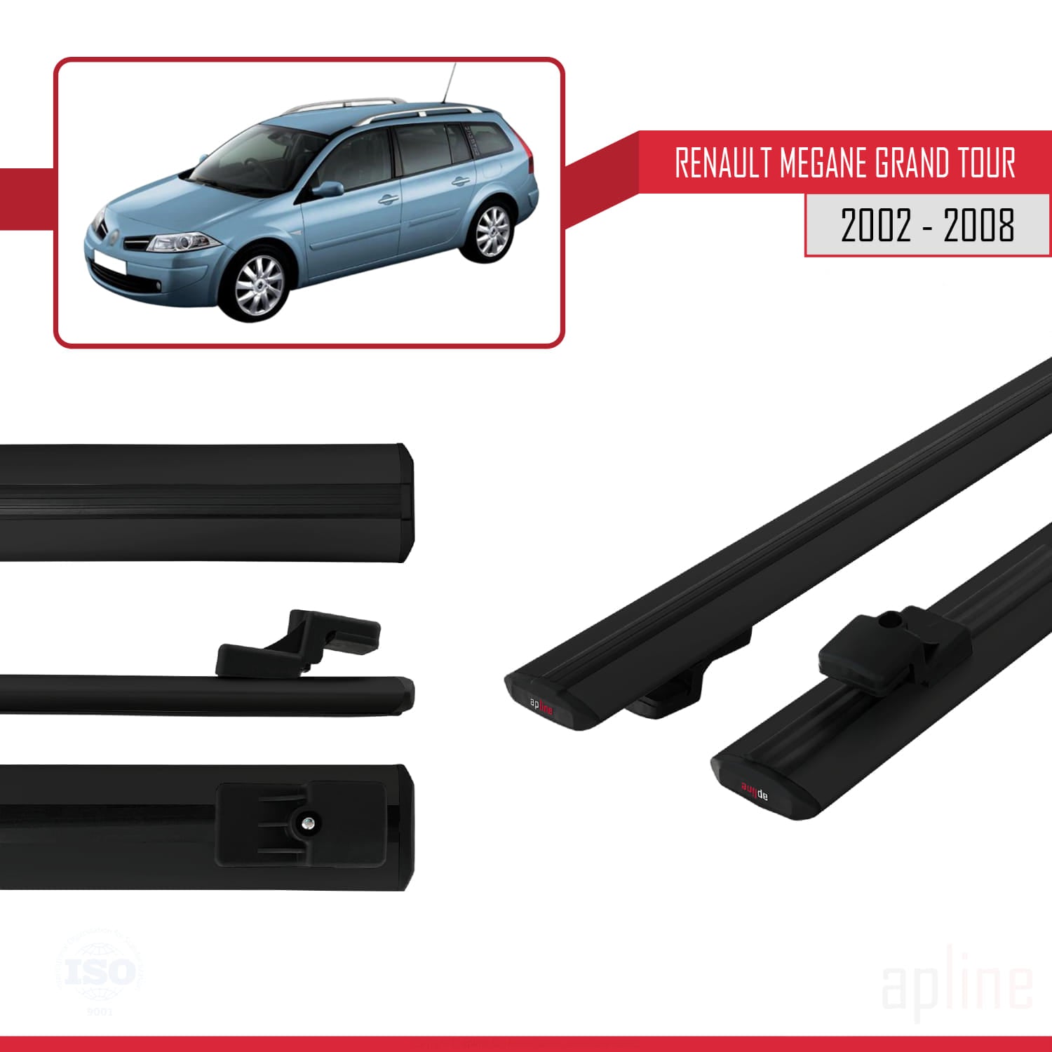 Compatible avec Renault Megane Grand Tour 2002-2008 BASIC Model Barres de Toit Railing Porte-Bagages de Voiture Noir Aluminium 2 Barres