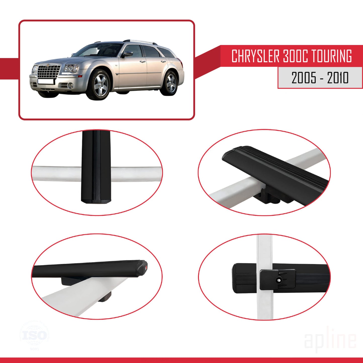 Compatible avec Chrysler 300C Touring 2005-2010 BASIC Model Barres de Toit Railing Porte-Bagages de Voiture Noir Aluminium 3 Barres