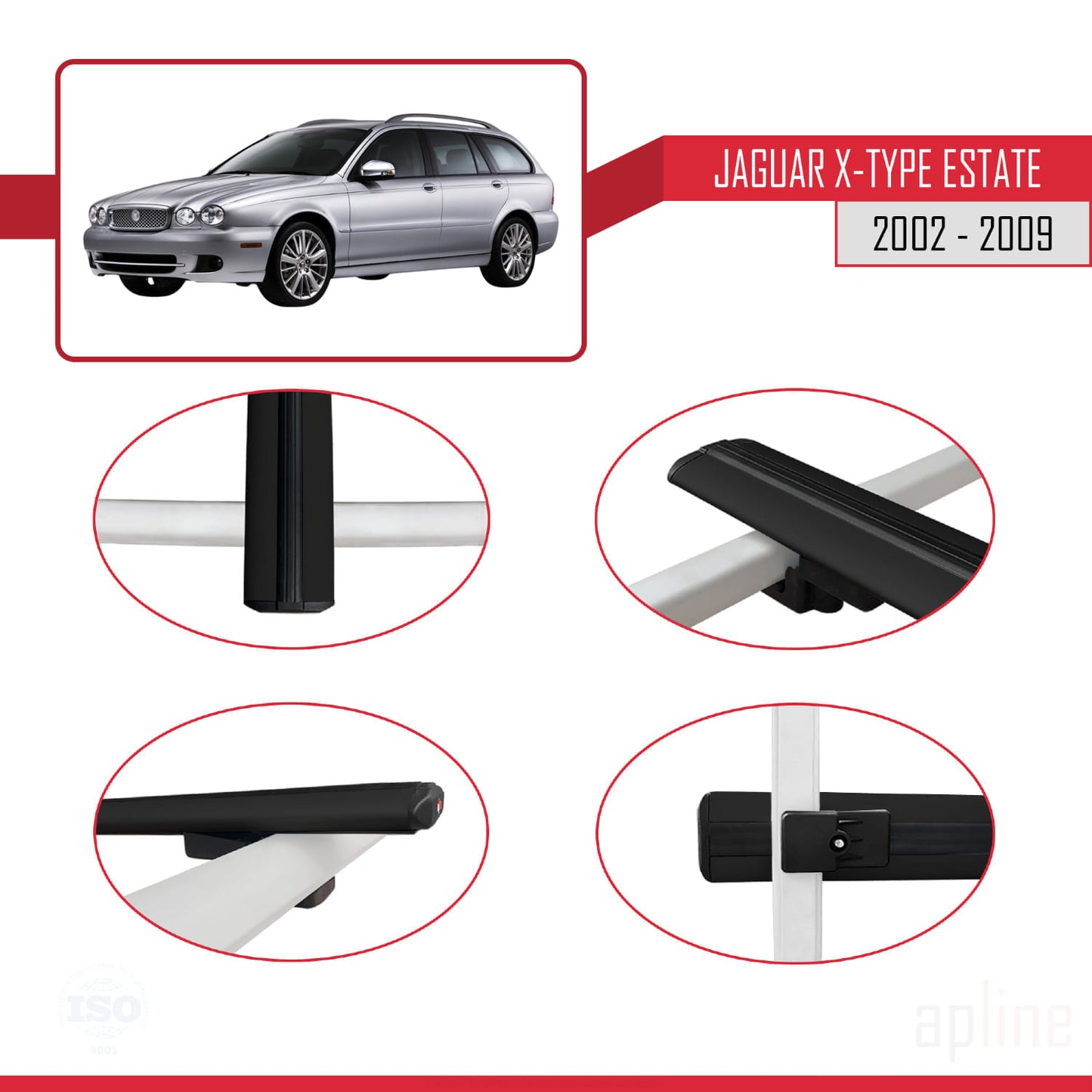Compatible avec Jaguar X-Type Estate 2002-2009 BASIC Model Barres de Toit Railing Porte-Bagages de Voiture Noir Aluminium 2 Barres