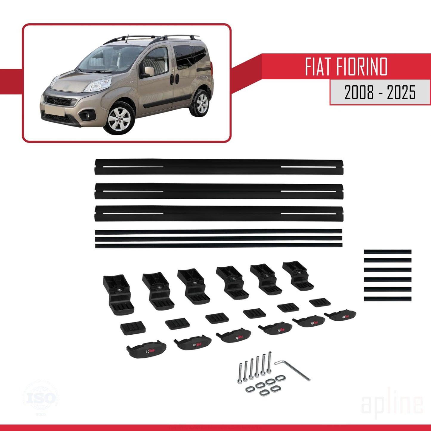 Compatible avec Fiat Fiorino (Modèle Tubulaire) 2008-2025 BASIC Model Barres de Toit Railing Porte-Bagages de Voiture Noir Aluminium 3 Barres