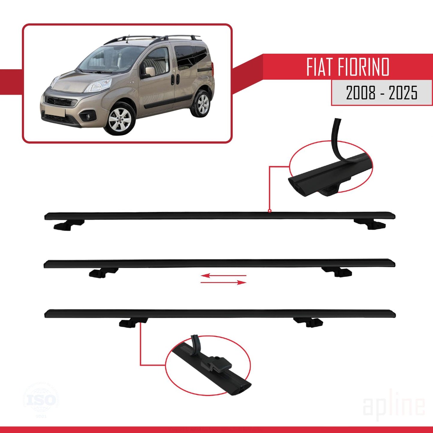 Compatible avec Fiat Fiorino (Modèle Tubulaire) 2008-2025 BASIC Model Barres de Toit Railing Porte-Bagages de Voiture Noir Aluminium 2 Barres