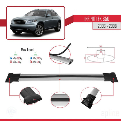 Compatible avec Infiniti FX (S50) 2003-2008 FLY Model Barres de Toit Railing Porte-Bagages de Voiture Gris Aluminium 3 Barres