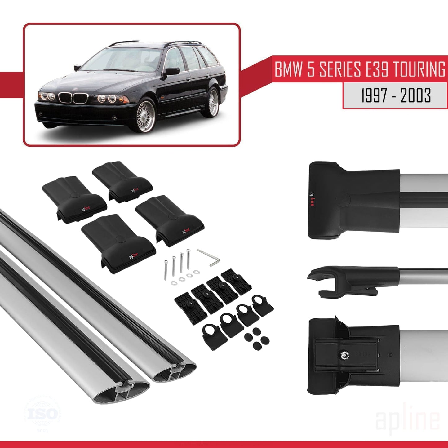 Compatible avec BMW Série 5 (E39) Touring 1997-2003 FLY Model Barres de Toit Railing Porte-Bagages de Voiture Gris Aluminium 2 Barres