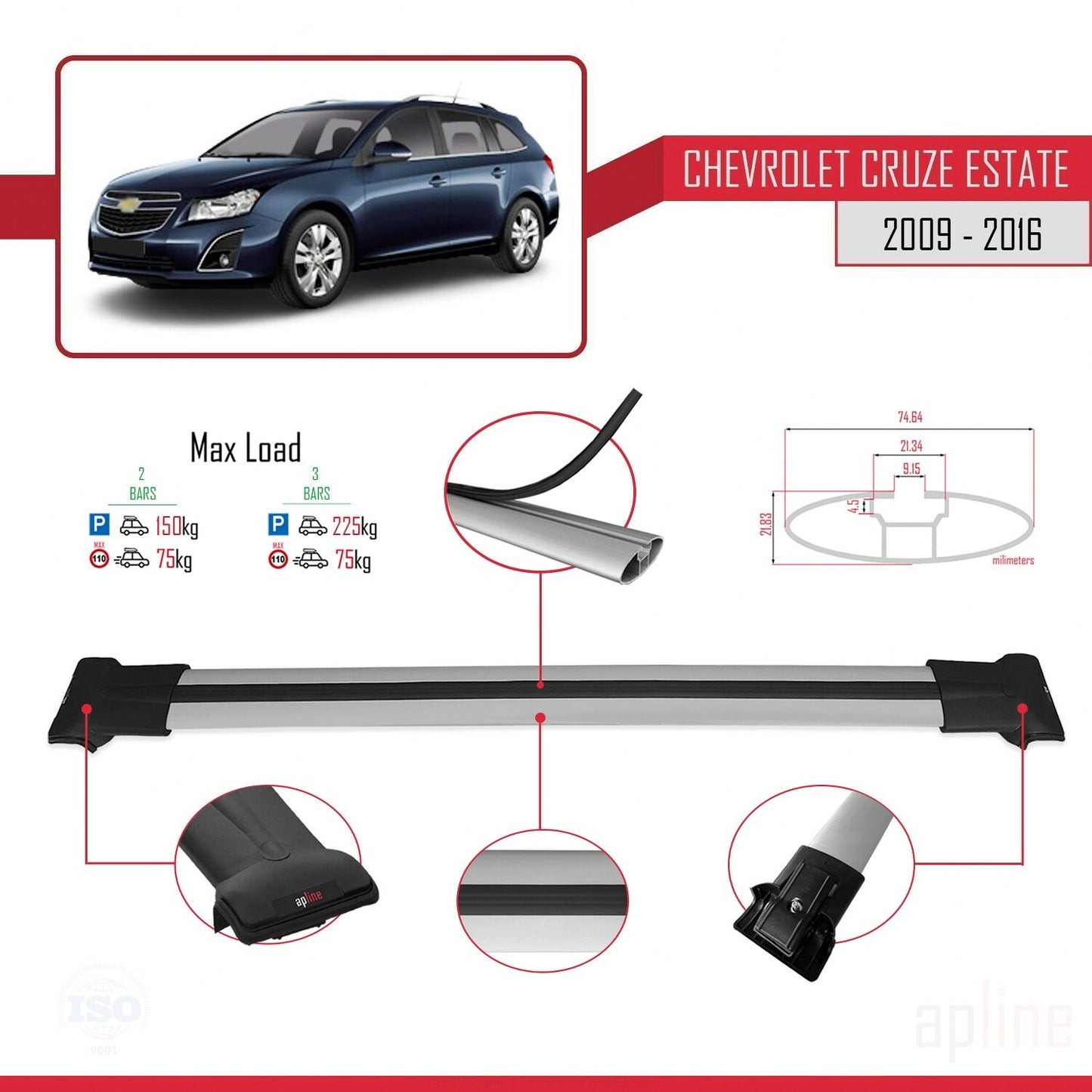 Compatible avec Chevrolet Cruze (J300) 2009-2016 FLY Model Barres de Toit Railing Porte-Bagages de Voiture Gris Aluminium 2 Barres