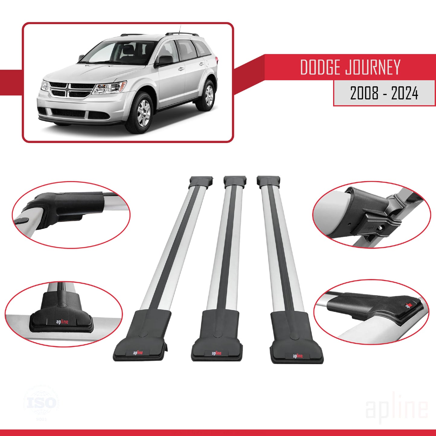 Compatible avec Dodge Journey 2008-2024 FLY Model Barres de Toit Railing Porte-Bagages de Voiture Gris Aluminium 3 Barres