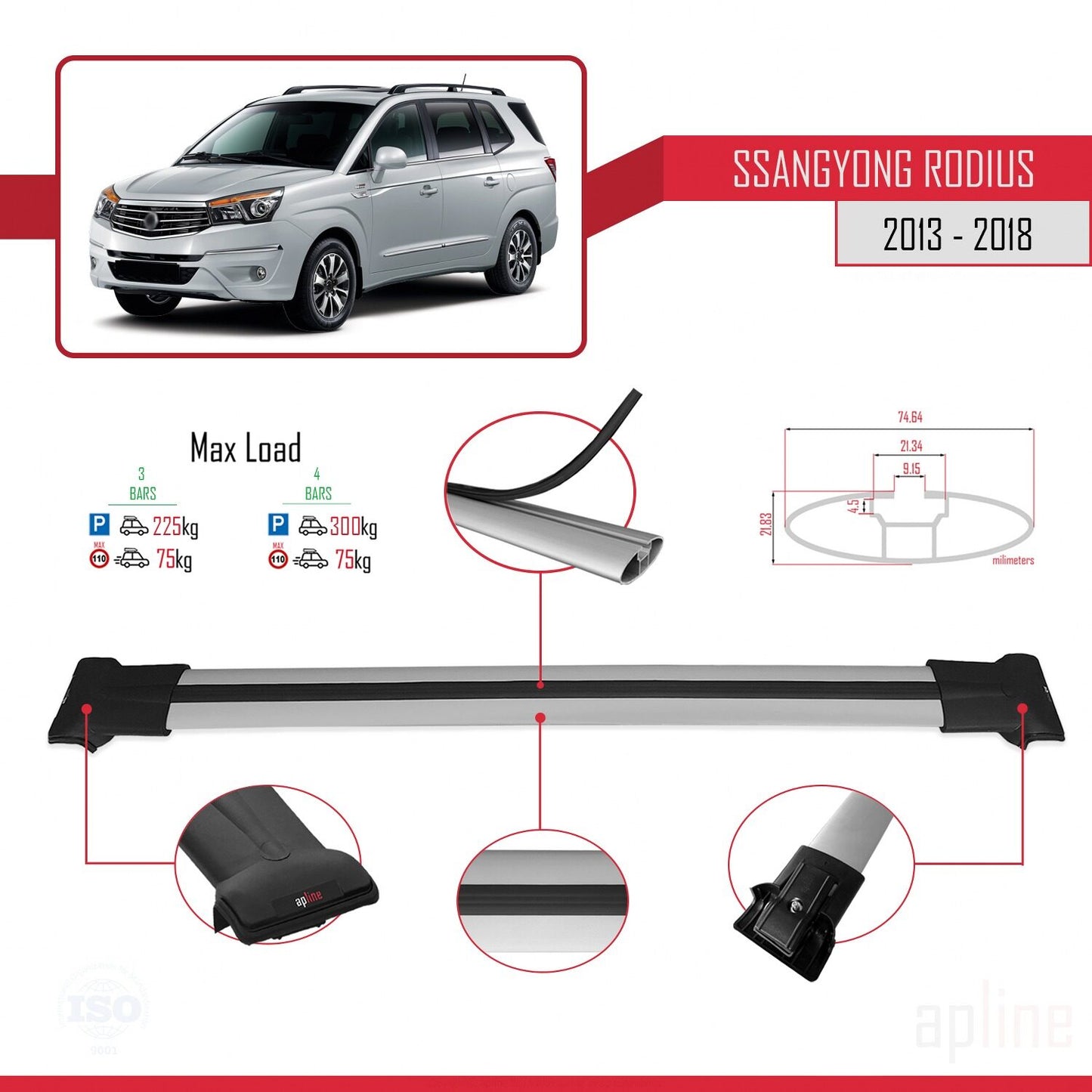 Compatible avec Ssangyong Rodius 2 2013-2018 FLY Model Barres de Toit Railing Porte-Bagages de Voiture Gris Aluminium 3 Barres