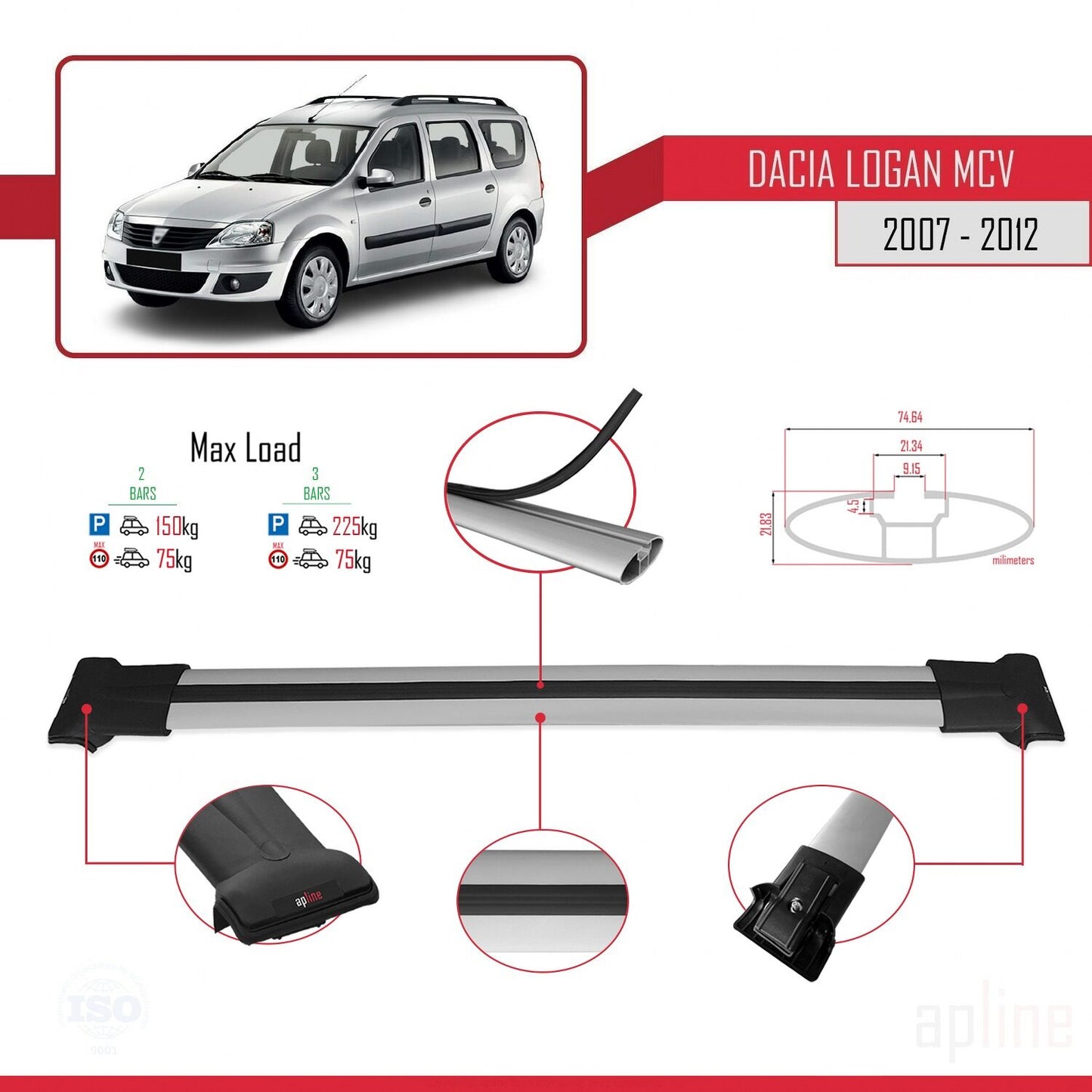 Compatible avec Dacia Logan 2 MCV (K52) 2007-2012 FLY Model Barres de Toit Railing Porte-Bagages de Voiture Gris Aluminium 2 Barres