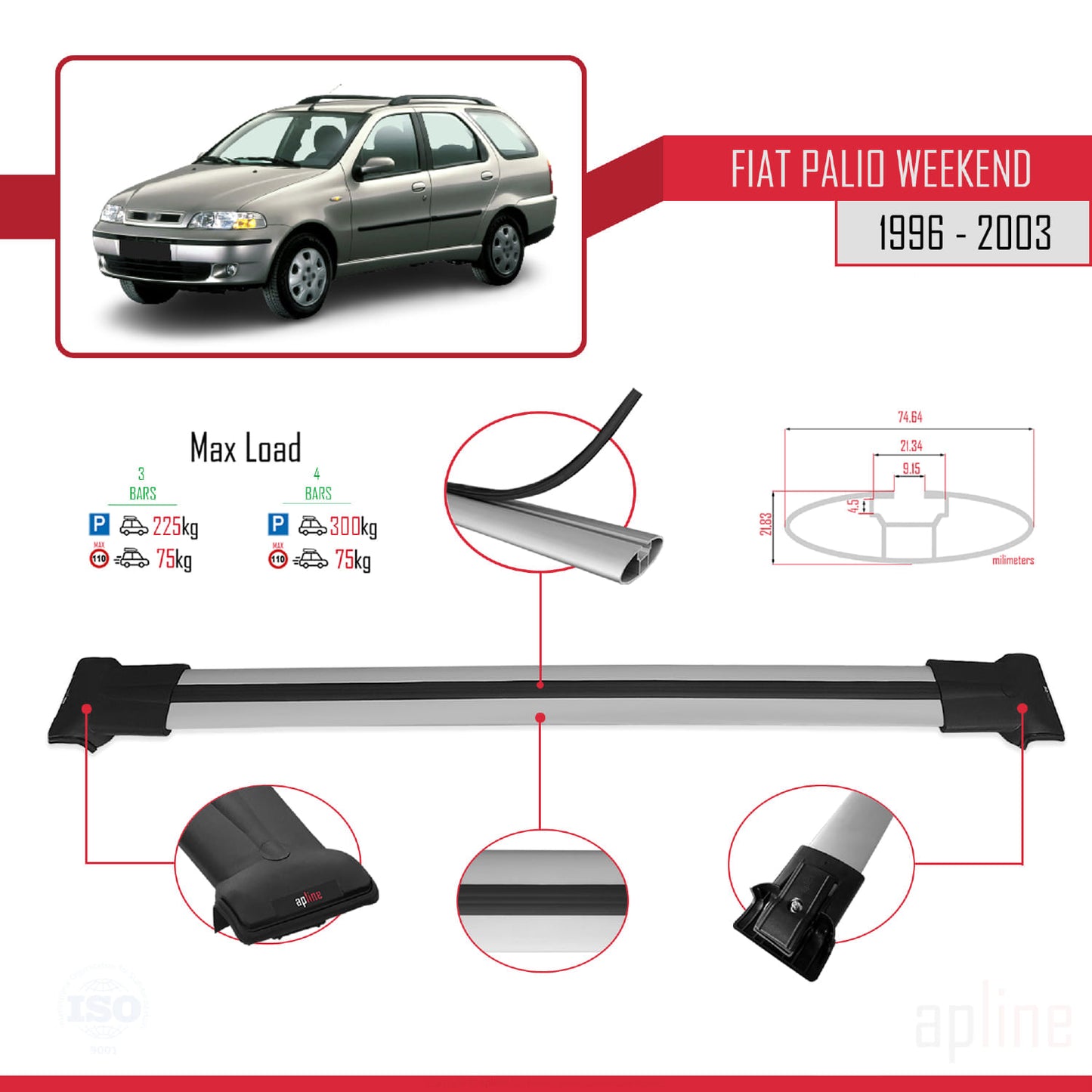 Compatible avec Fiat Palio (178) Weekend 1996-2003 FLY Model Barres de Toit Railing Porte-Bagages de Voiture Gris Aluminium 3 Barres