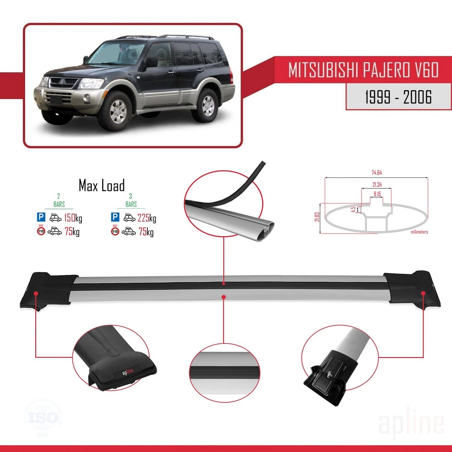 Compatible with Mitsubishi Pajero (V60) 5 Kapı 1999-2006 FLY Model Car Roof Rack Cross Bar Grey Aluminium 2 Bars