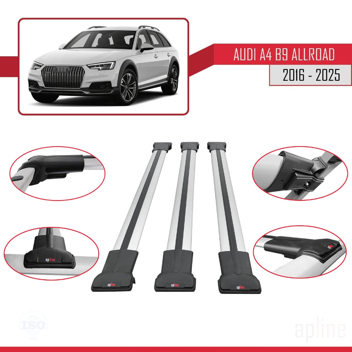Compatible avec A4 (B9) Allroad 2016-2025 FLY Model Barres de Toit Railing Porte-Bagages de Voiture Gris Aluminium 3 Barres