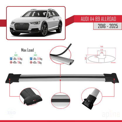 Compatible avec A4 (B9) Allroad 2016-2025 FLY Model Barres de Toit Railing Porte-Bagages de Voiture Gris Aluminium 2 Barres