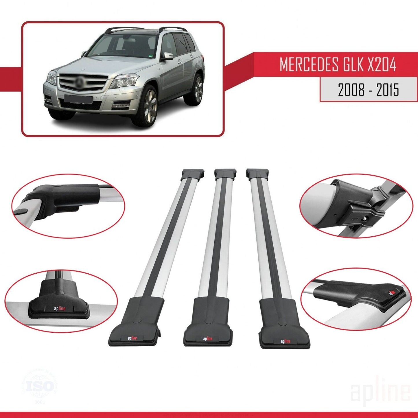 Compatible avec Mercedes Classe GLK (X204) 2008-2015 FLY Model Barres de Toit Railing Porte-Bagages de Voiture Gris Aluminium 3 Barres
