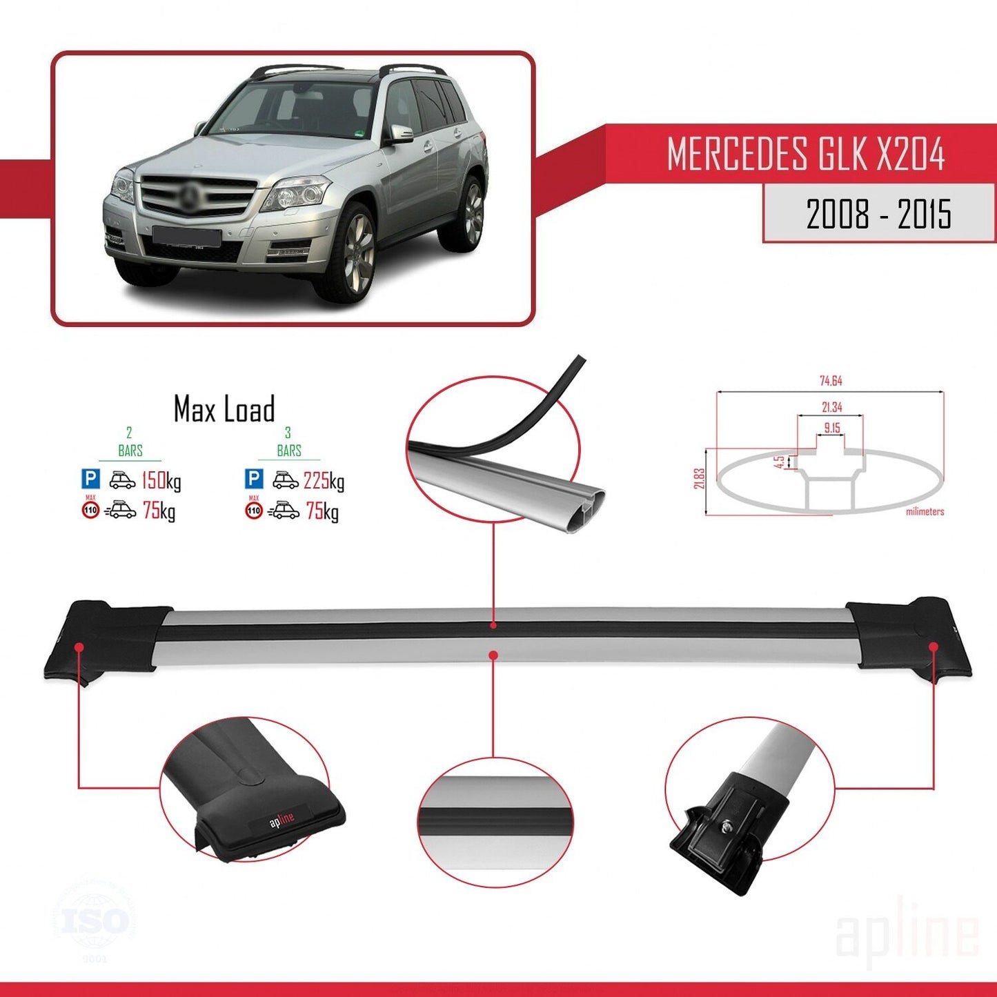 Compatible avec Mercedes Classe GLK (X204) 2008-2015 FLY Model Barres de Toit Railing Porte-Bagages de Voiture Gris Aluminium 2 Barres