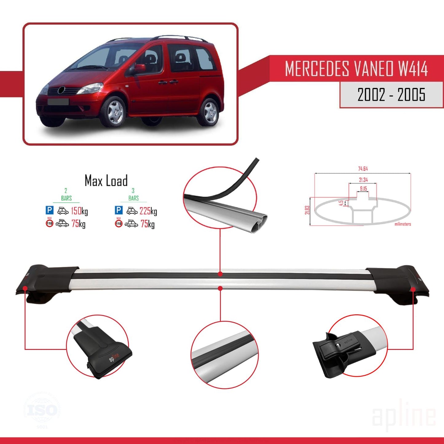 Compatible avec Mercedes Vaneo (W414) 2002-2005 FLY Model Barres de Toit Railing Porte-Bagages de Voiture Gris Aluminium 2 Barres